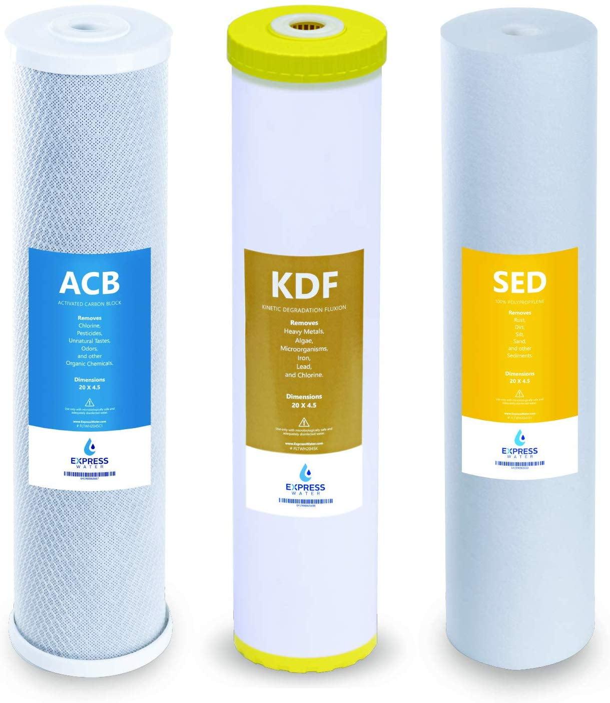 Express Water – Whole House Heavy Metal Water Filter Set – 3 Stage Filtration Replacement Kit – Sediment, Carbon Block, KDF High Capacity Cartridge – 5 Micron – 4.5” x 20” inch