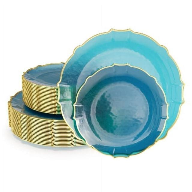 Trendables 40 Pieces Plastic Disposable Wedding Plates Set - 20 x 7.5" & 20 x 10" Thin & Delicate Peacock Tinted Petals Plates with Gold Rim-Serves 40