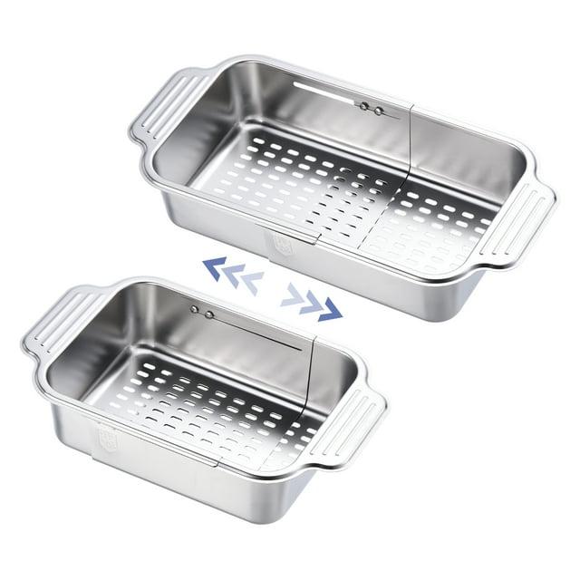 Extendable Over the Sink Strainer,  Fruit Vegetable Wash Basket Adjustable Colander for Kitchen Stainless Steel, Silver