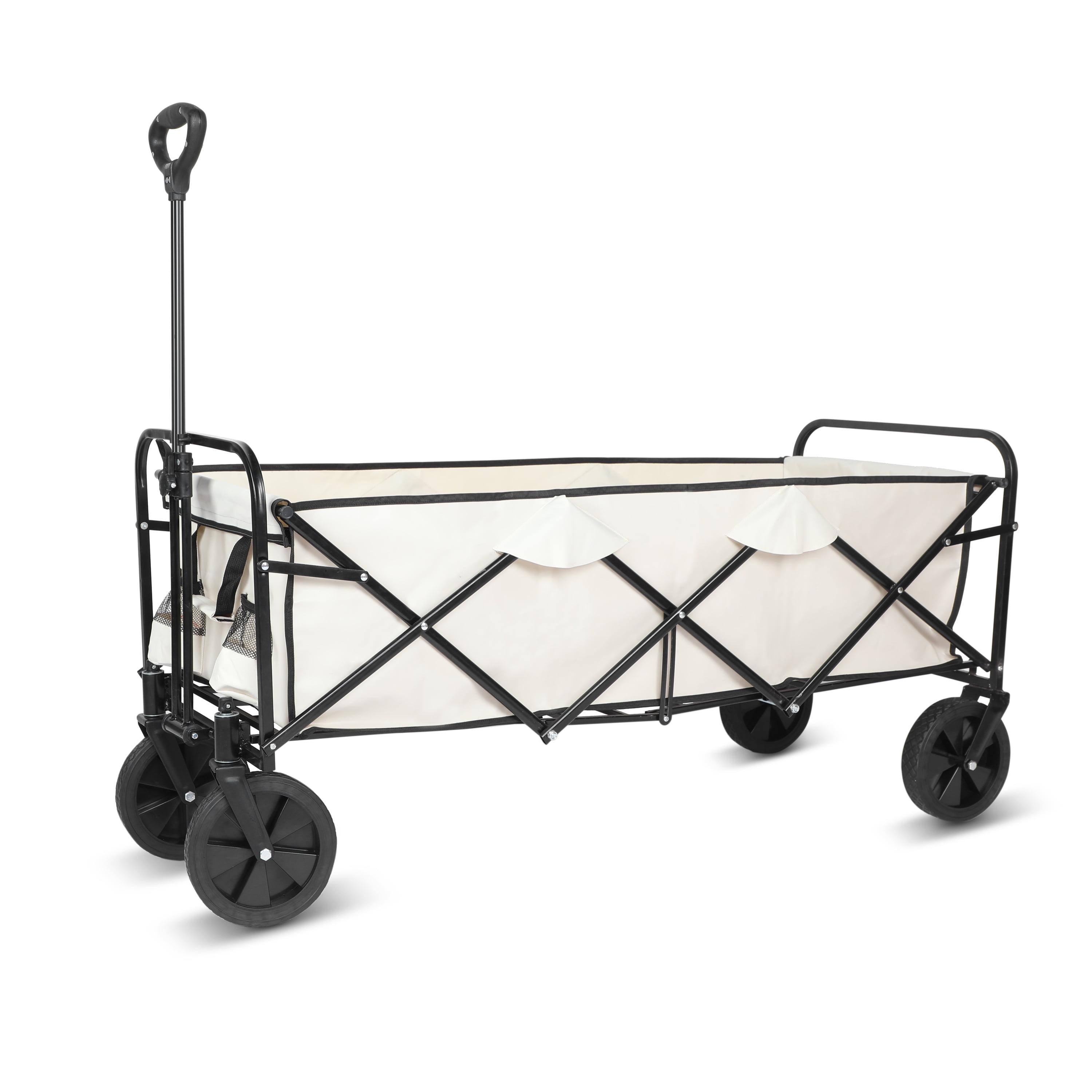 Large White Folding Utility Wagon with Anti-Slip Wheels and Adjustable Handle