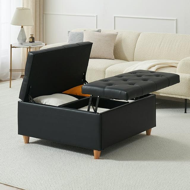 Garvee Leather Storage Ottoman Coffee Table with Lift Top, Faux Leather Ottoman with Storage, Square Storage Ottoman Bench for Bedroom Living Room