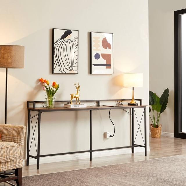 Javlergo Extra Long Console/Sofa Table with Charging Station & Power Outlet 71''L - Brown