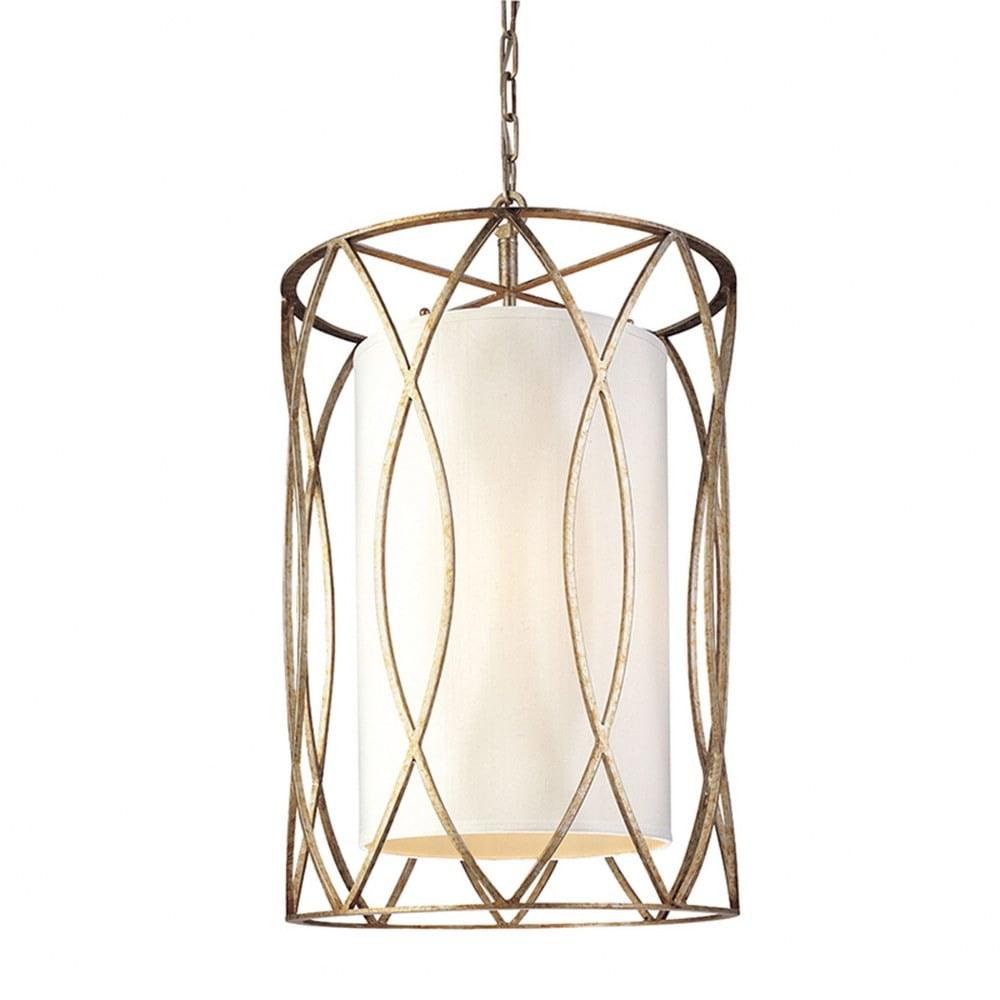 Sausalito Transitional 4-Light Pendant in Silver Gold with White Linen Shade