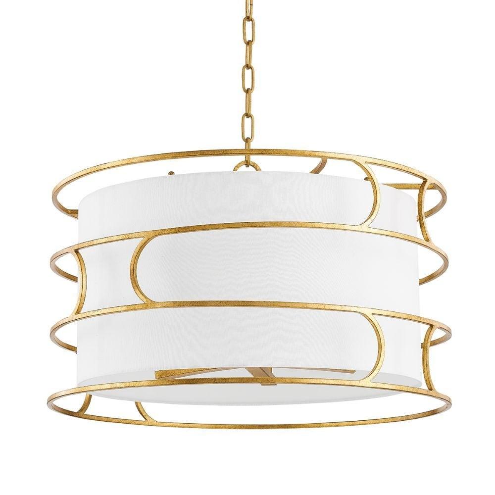 Reedley Vintage Gold Leaf Drum Chandelier with White Linen Shade