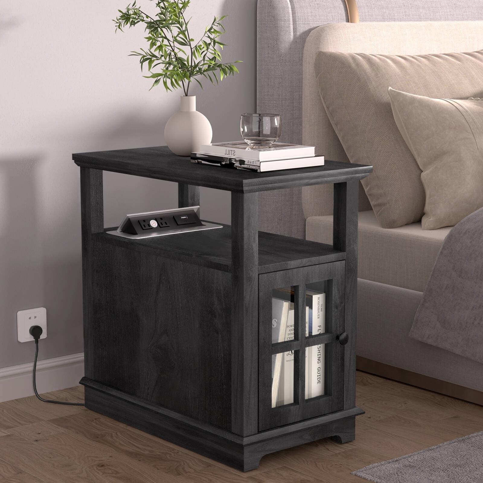 Blackgray Wood and Metal End Table with Charging Station and Storage