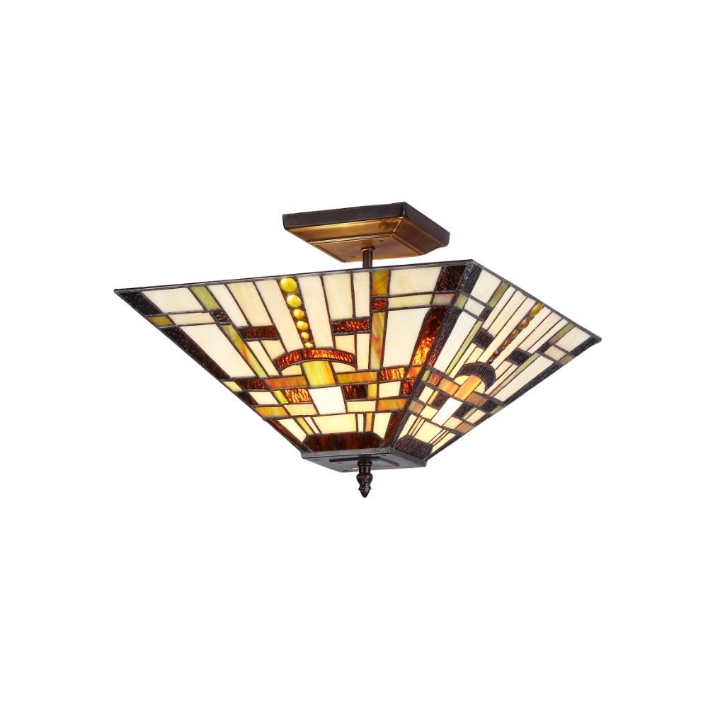 Tiffany-Style Mission 2-Light Bronze and Glass Ceiling Fixture