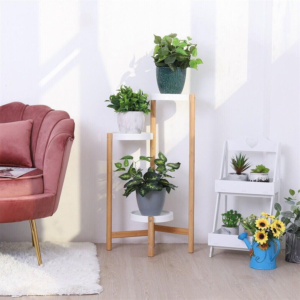 FATIVO 3-Tier Bamboo Plant Stand Flower Succulents Potted with Round White Shelvings