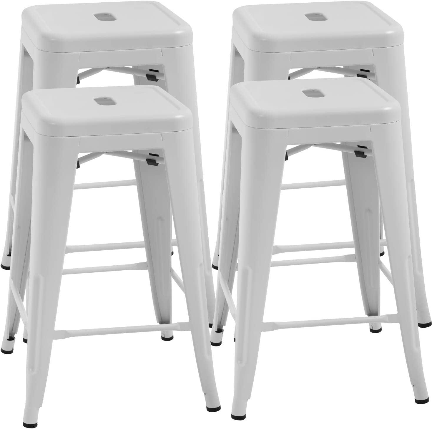 FDW Metal Bar Stools Set of 4 Counter Height Barstool Stackable Barstools 24 Inch Indoor Outdoor Patio Bar Stool Home Kitchen Dining Stool ,White