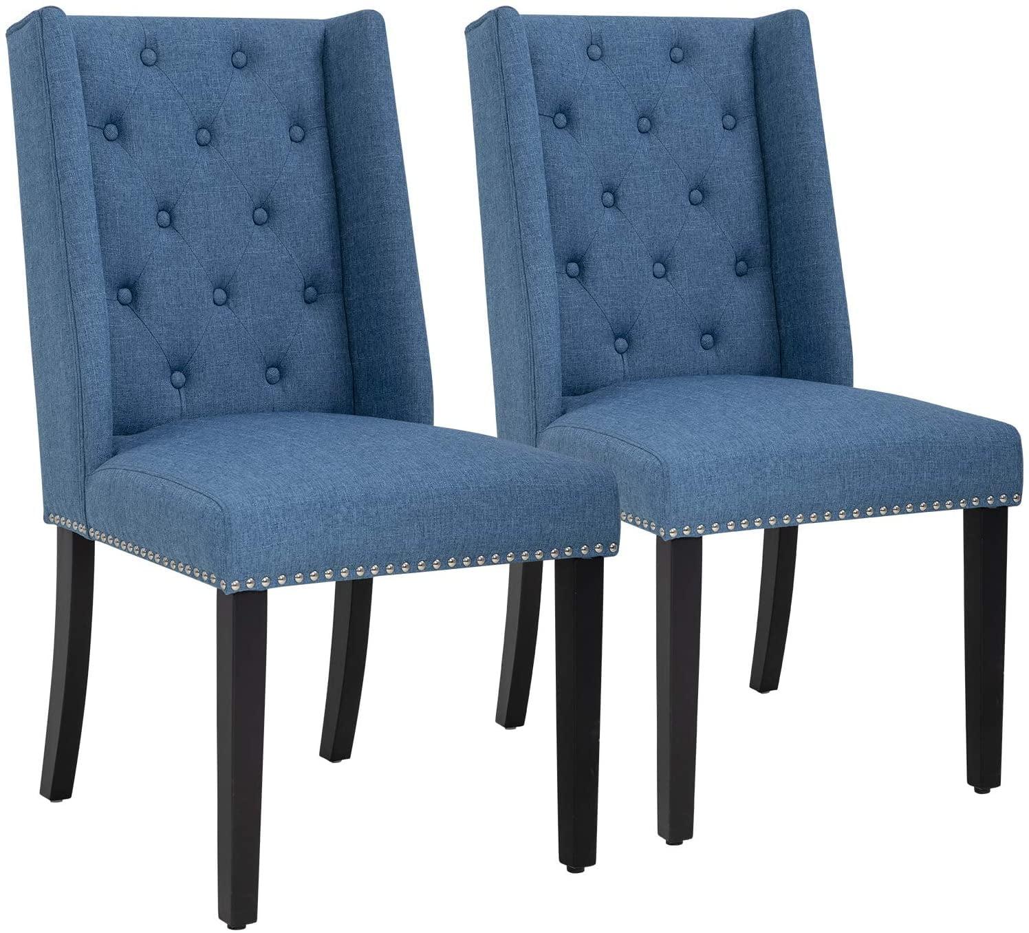 Blue High Back Fabric Dining Side Chairs with Rubber Wood Legs, Set of 2