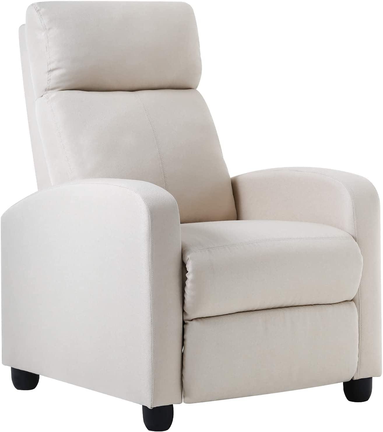 Beige Manual Push Back Leather Recliner with Metal Frame