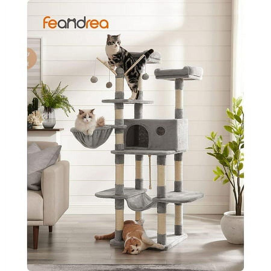 FEANDREA 64.6" Cat Tree Large Cat Tower Cat Activity Center with Hammock Cat Condo Light Gray