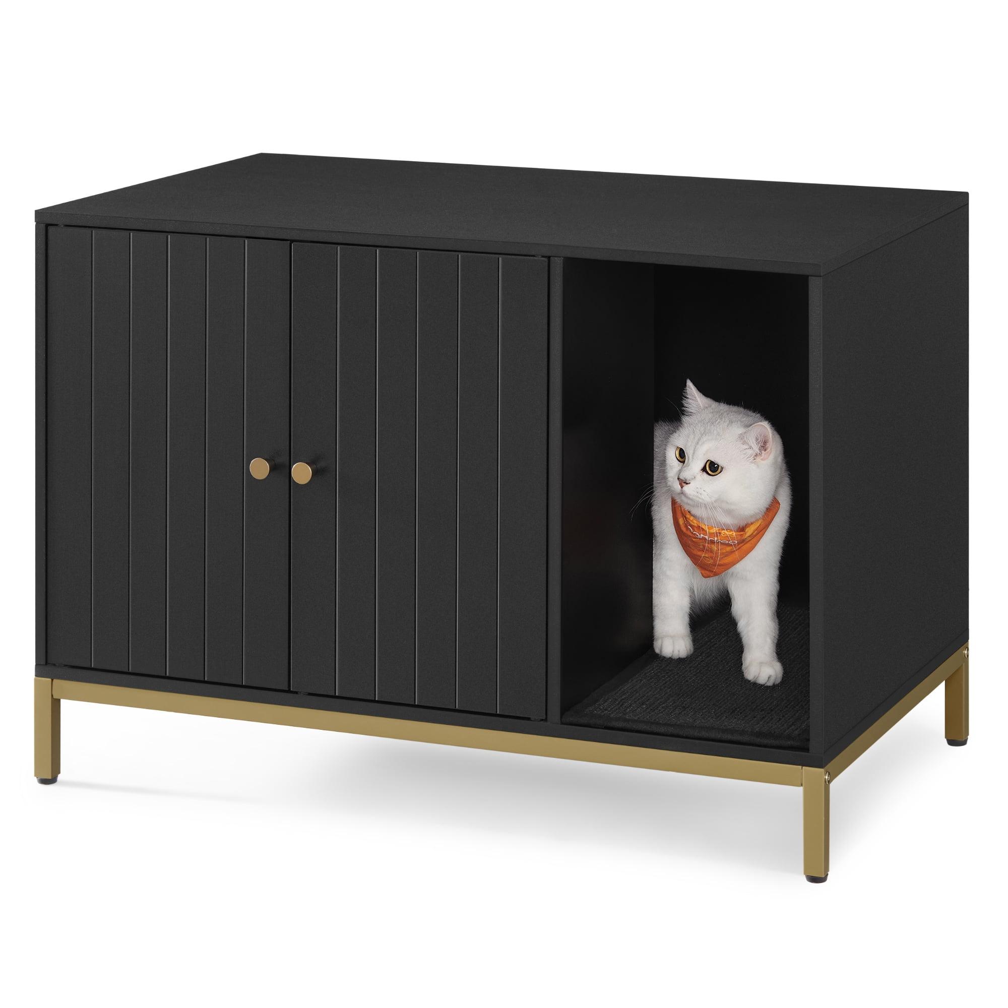 Feandrea Litter Box Enclosure, Modern Furniture with Scratching Mat, Cat House Simply Black and Metallic Gold