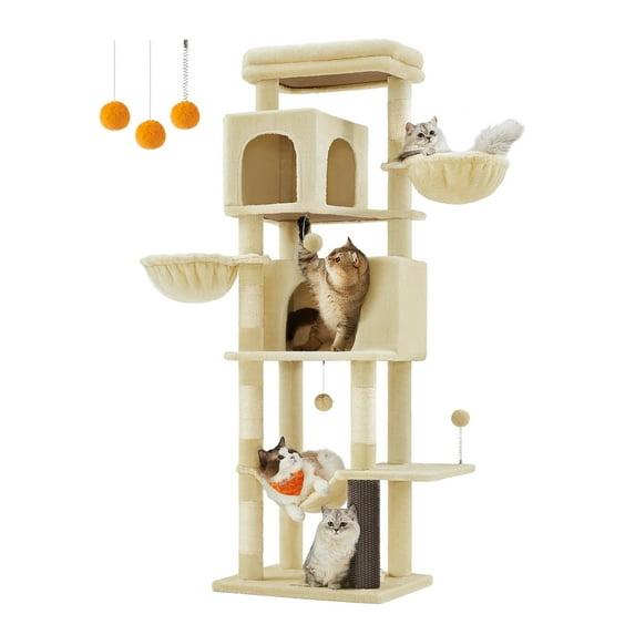 Feandrea Cat Tree, 69-Inch Tall Cat Tower for Indoor Cats, Multi-Level Cat Condo with 2 Caves, 2 Baskets, Sand Beige