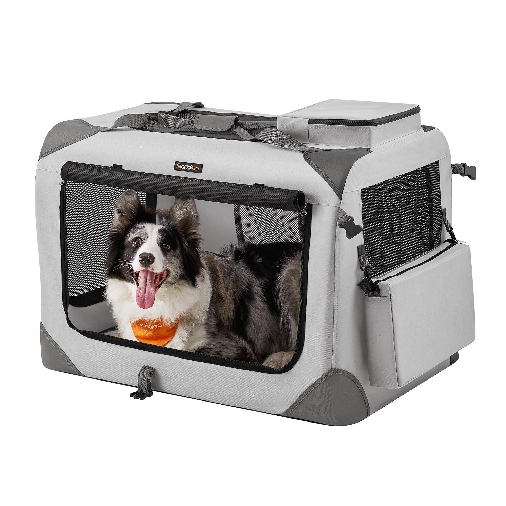 Feandrea 32 Inches Collapsible Soft Dog Crate, Portable Travel Dog Crate, Dog Carrier Kennel with Safety Zippers, Car, Travelling, Smoke Gray