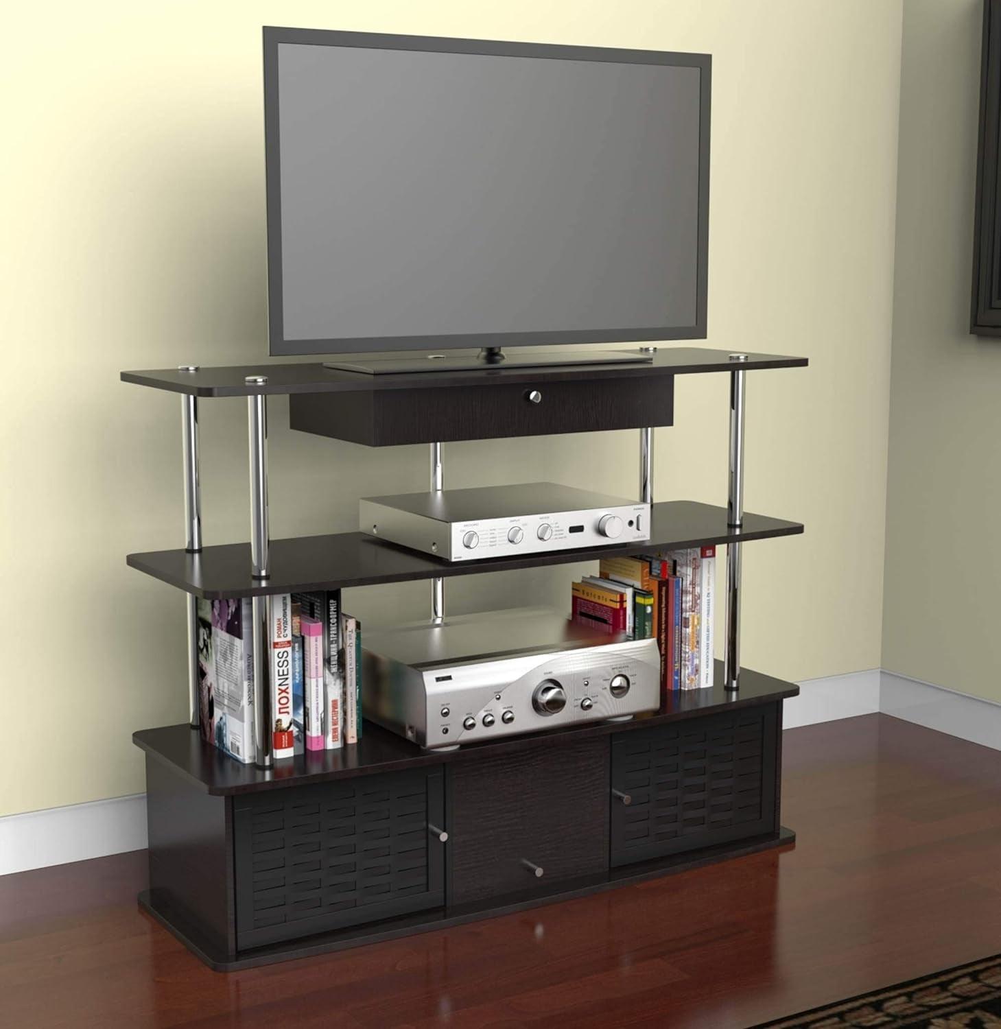 Aspen Transitional Black TV Stand with Bamboo Cabinet Doors