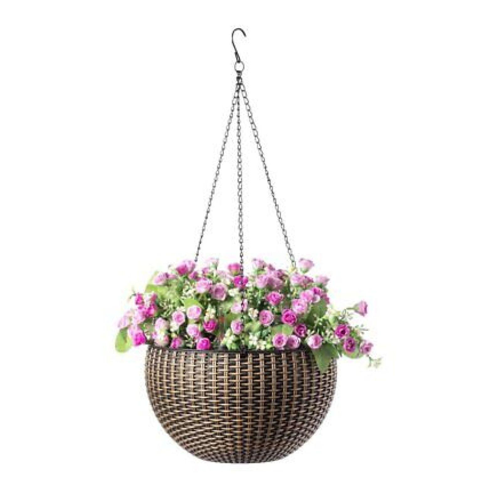 10" Bronze Self-Watering Hanging Basket Planter with Pink Flowers