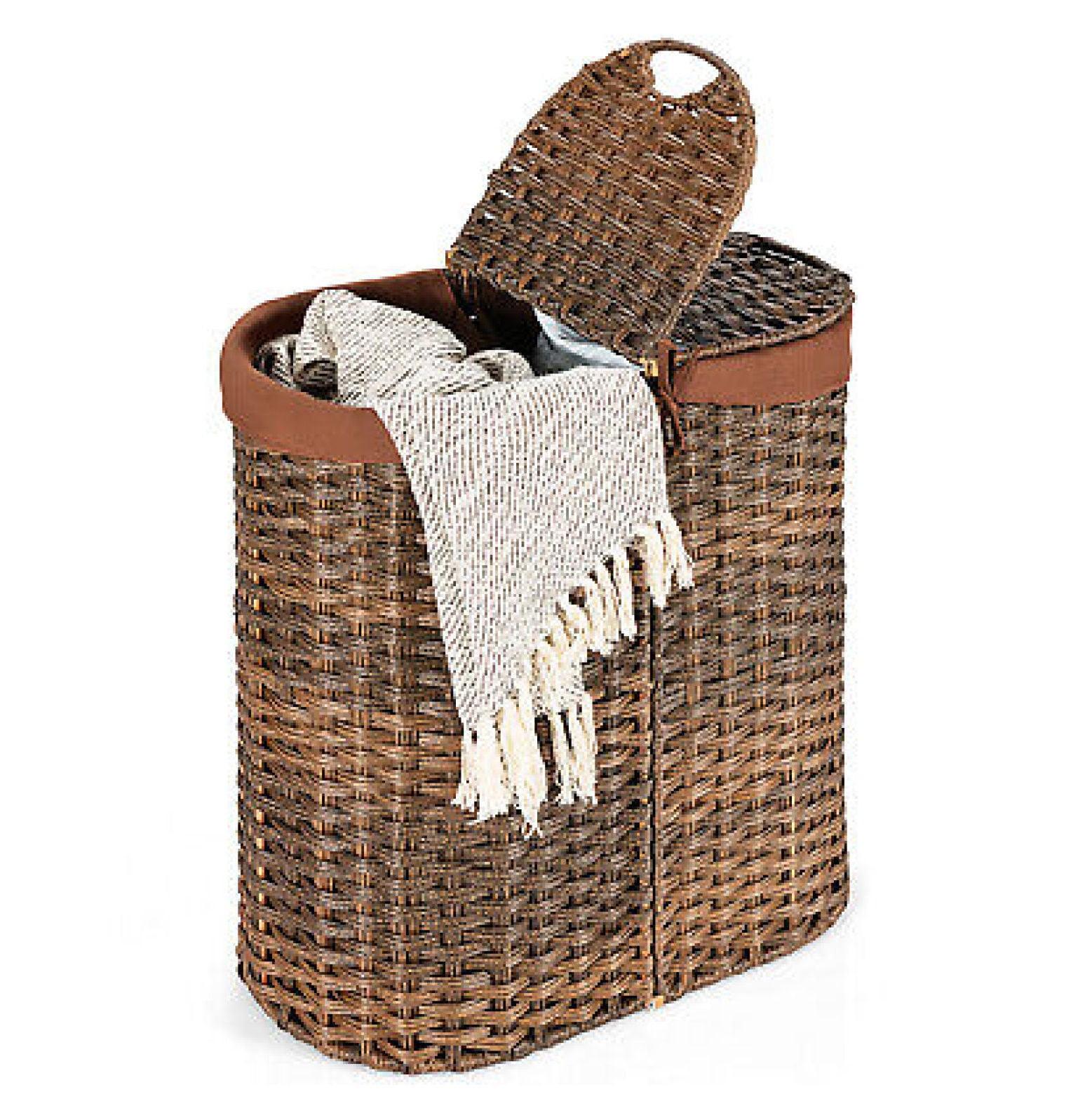 FENG20 Handwoven Laundry Hamper Laundry Basket w/2 Removable Liner Bags Brown