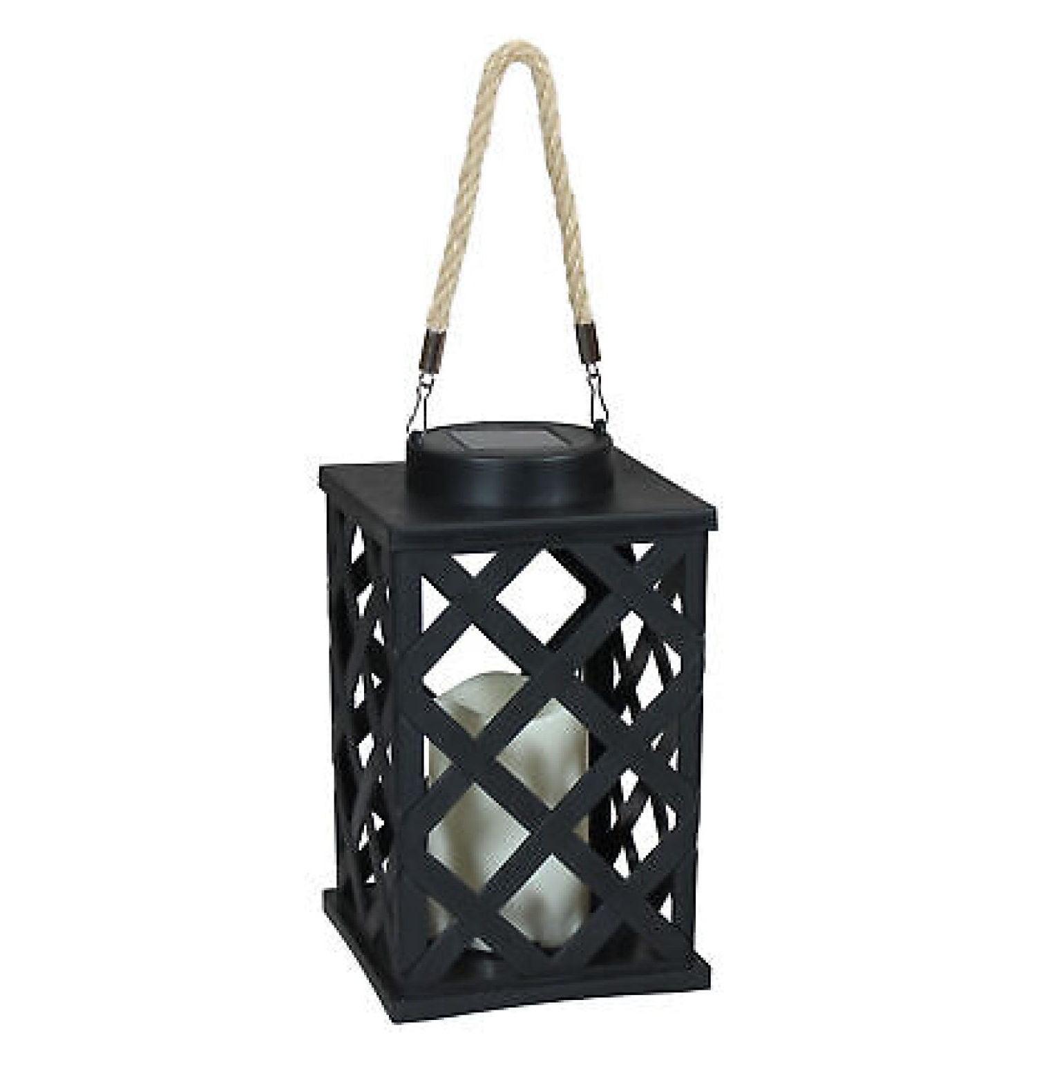 Sunnydaze Outdoor Modern Crosshatch Hanging Tabletop Solar LED Rustic Farmhouse Decorative Candle Lantern - 9"