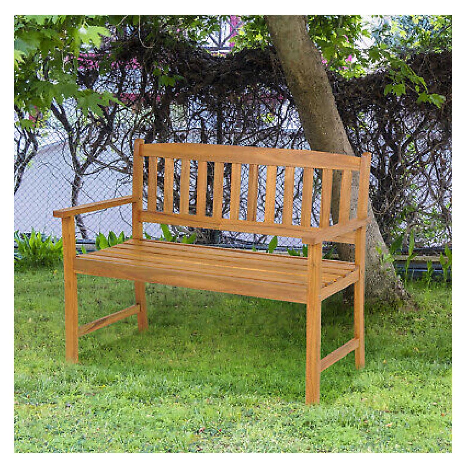 Natural Acacia Wood 2-Person Outdoor Garden Bench with Armrests