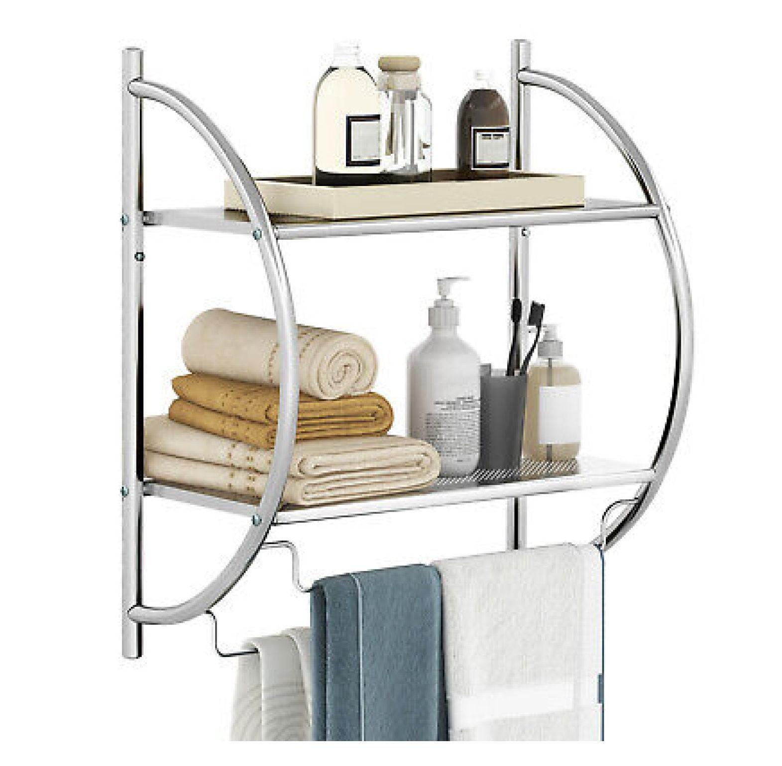 Wall Mount 2 Tier Bathroom Shelf with Bars, 18" W X 10" D X 22" H, Chrome Bathroom Shelf, Home Toilet Double Layer Shelf, Rustproof Chrome Shelf