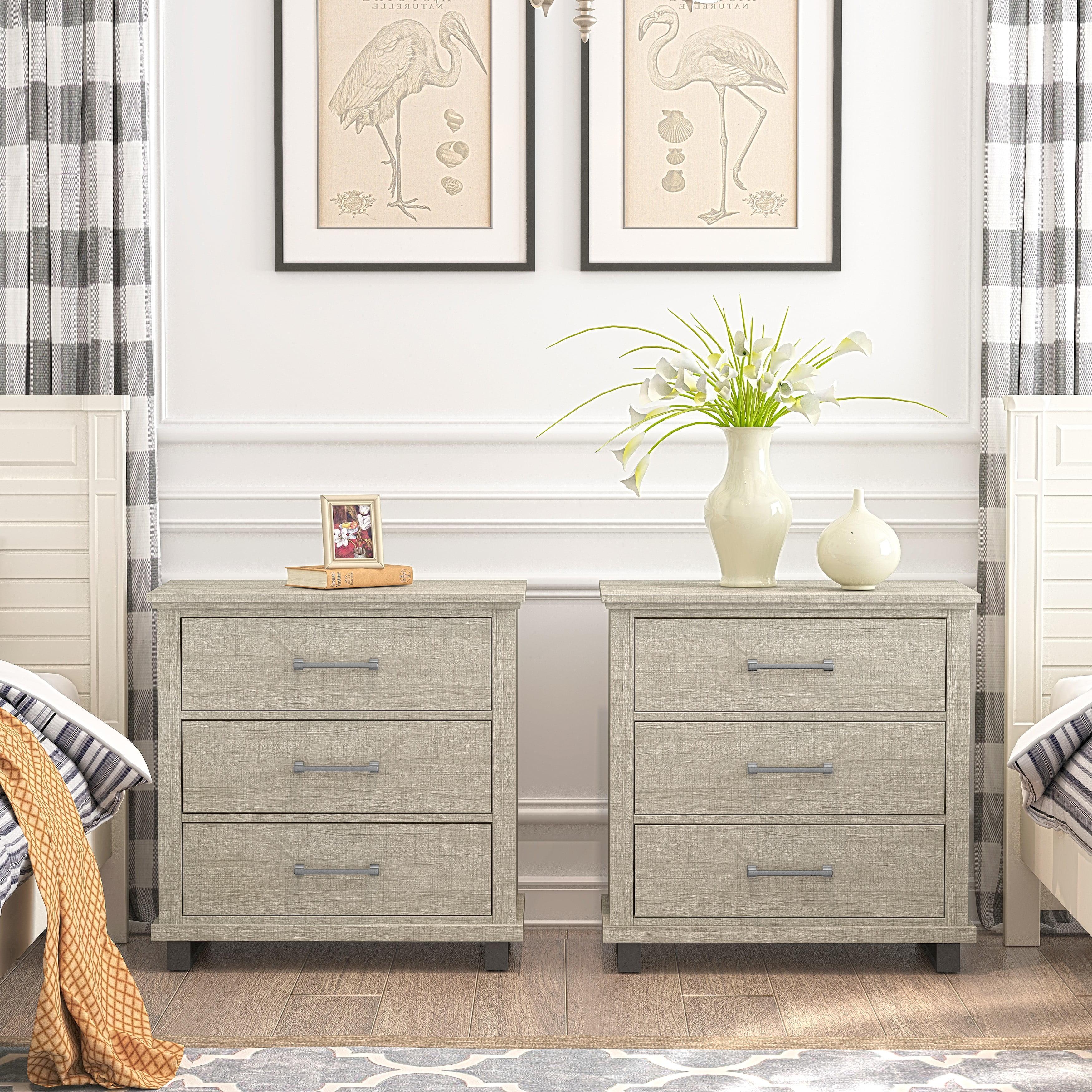 Set of 2 Beige 3-Drawer Nightstands with Metal Legs