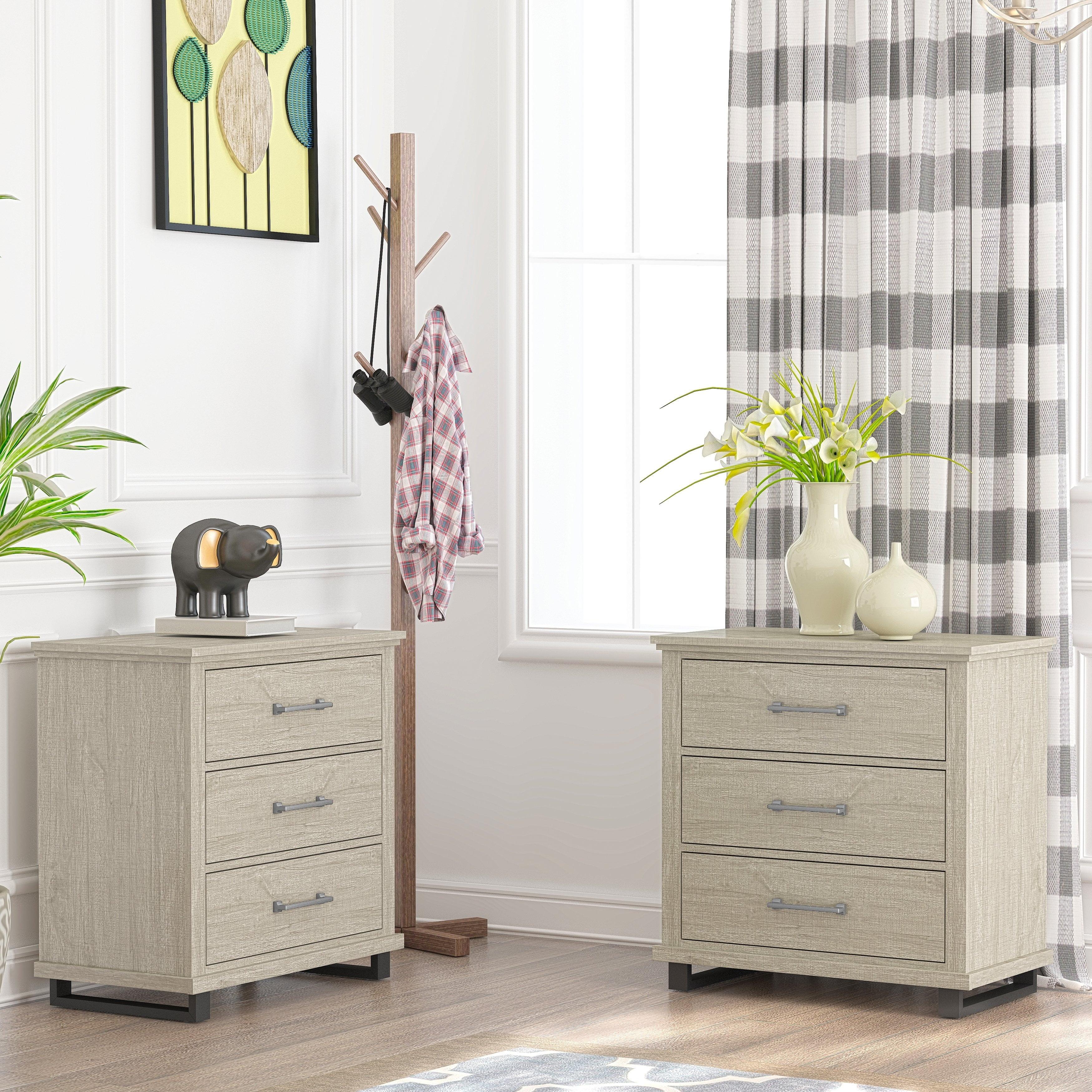 Set of 2 32'' Night Stand Beige - Accent Furniture: Modern Design, 3 Drawers, Metal Legs