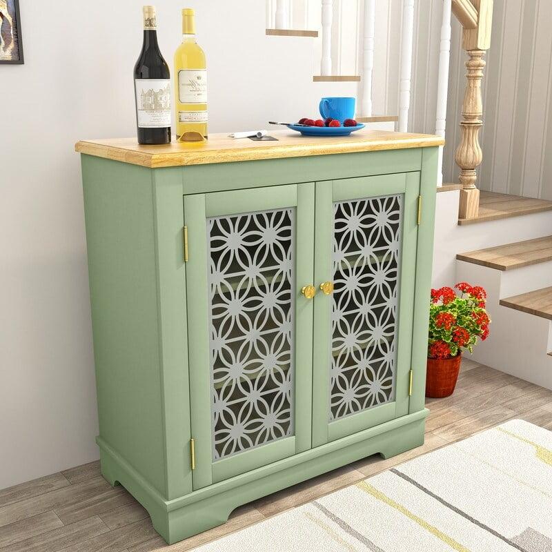 30" Storage Sideboard Buffet Cabinet Green - Home Essentials: Bohemian Style, Adjustable Shelves, Tempered Glass Doors