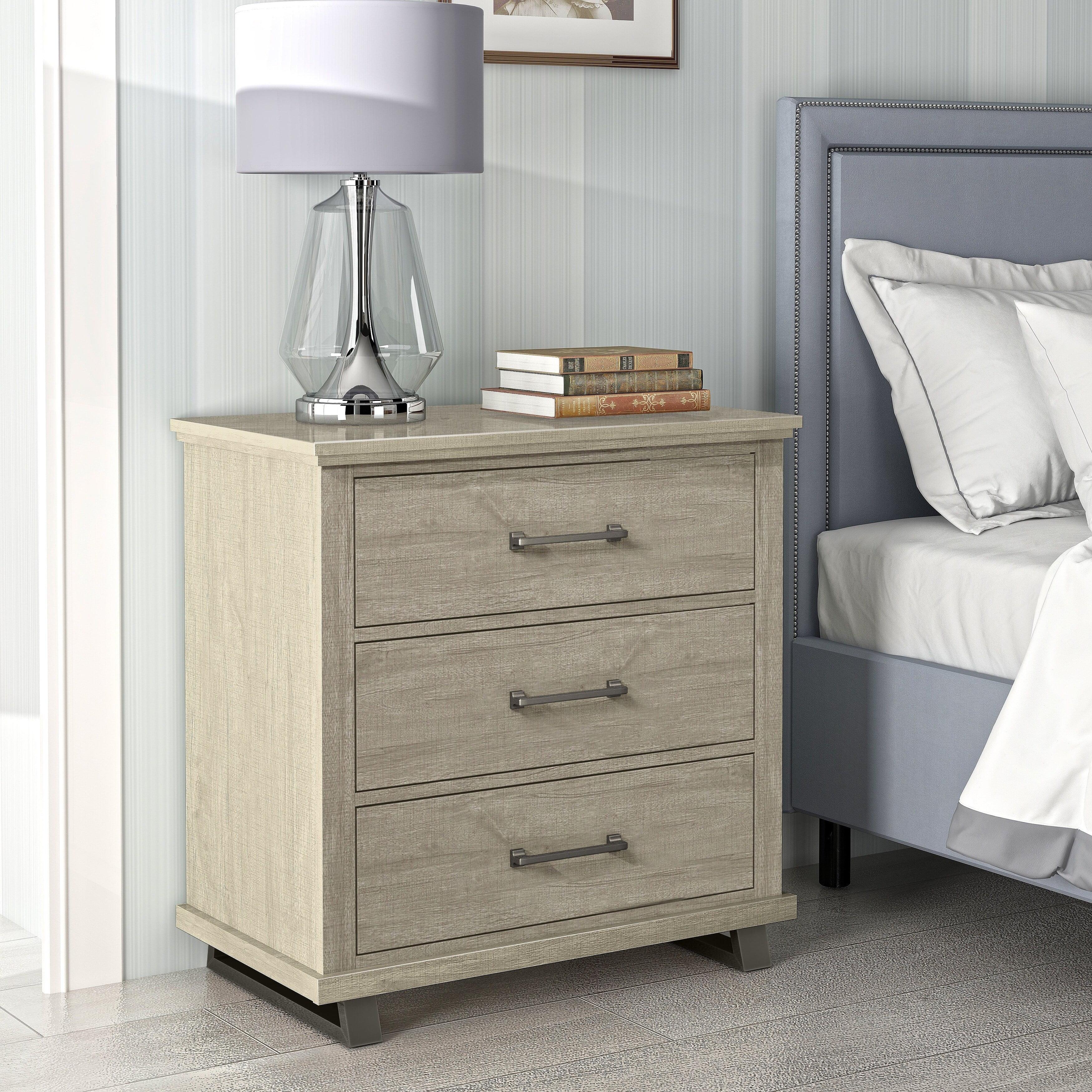 32'' Nightstand Beige - Accent Furniture: Modern Bedside Table with 3 Drawers & Metal Legs