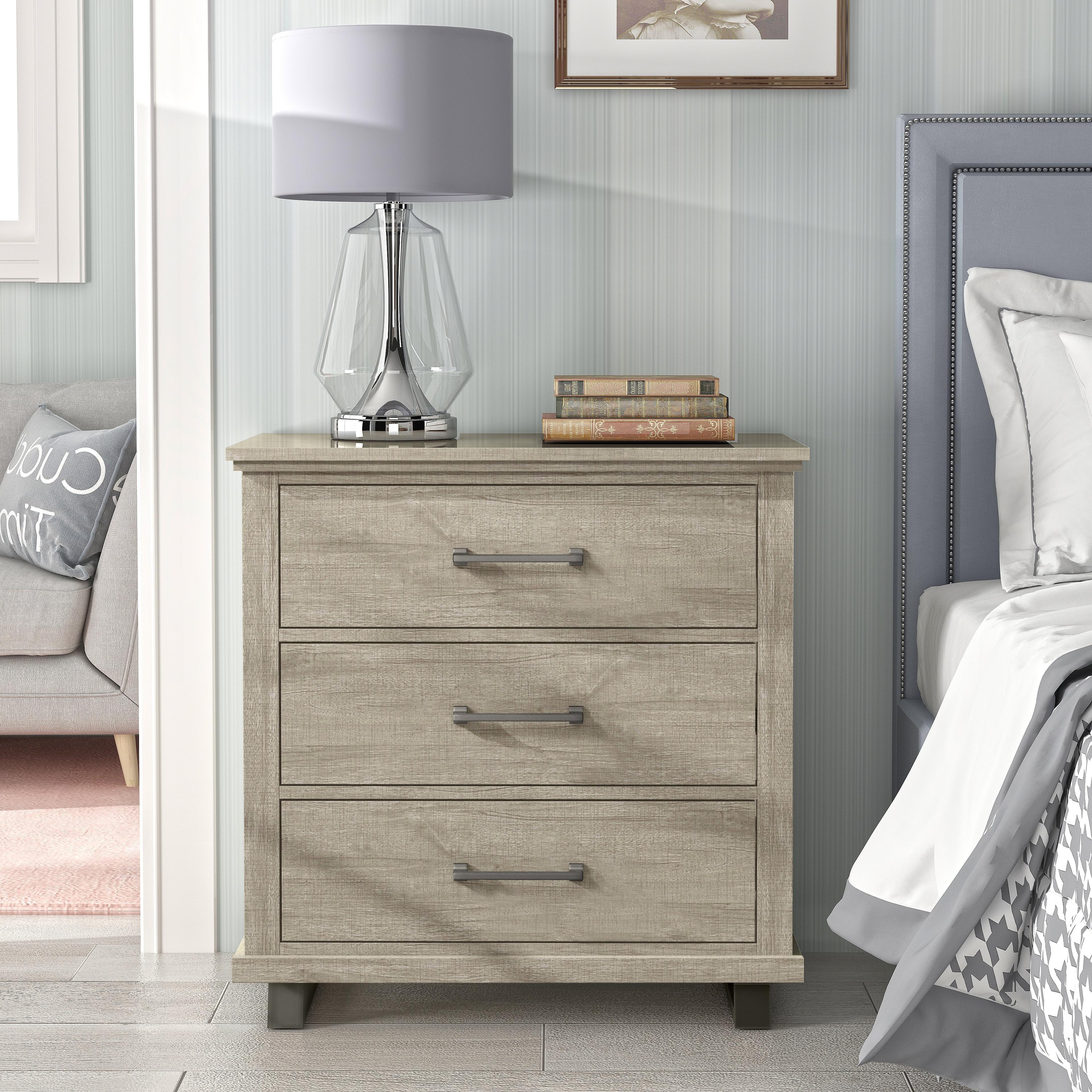 Beige 32'' Modern Nightstand with 3 Drawers and Metal Legs