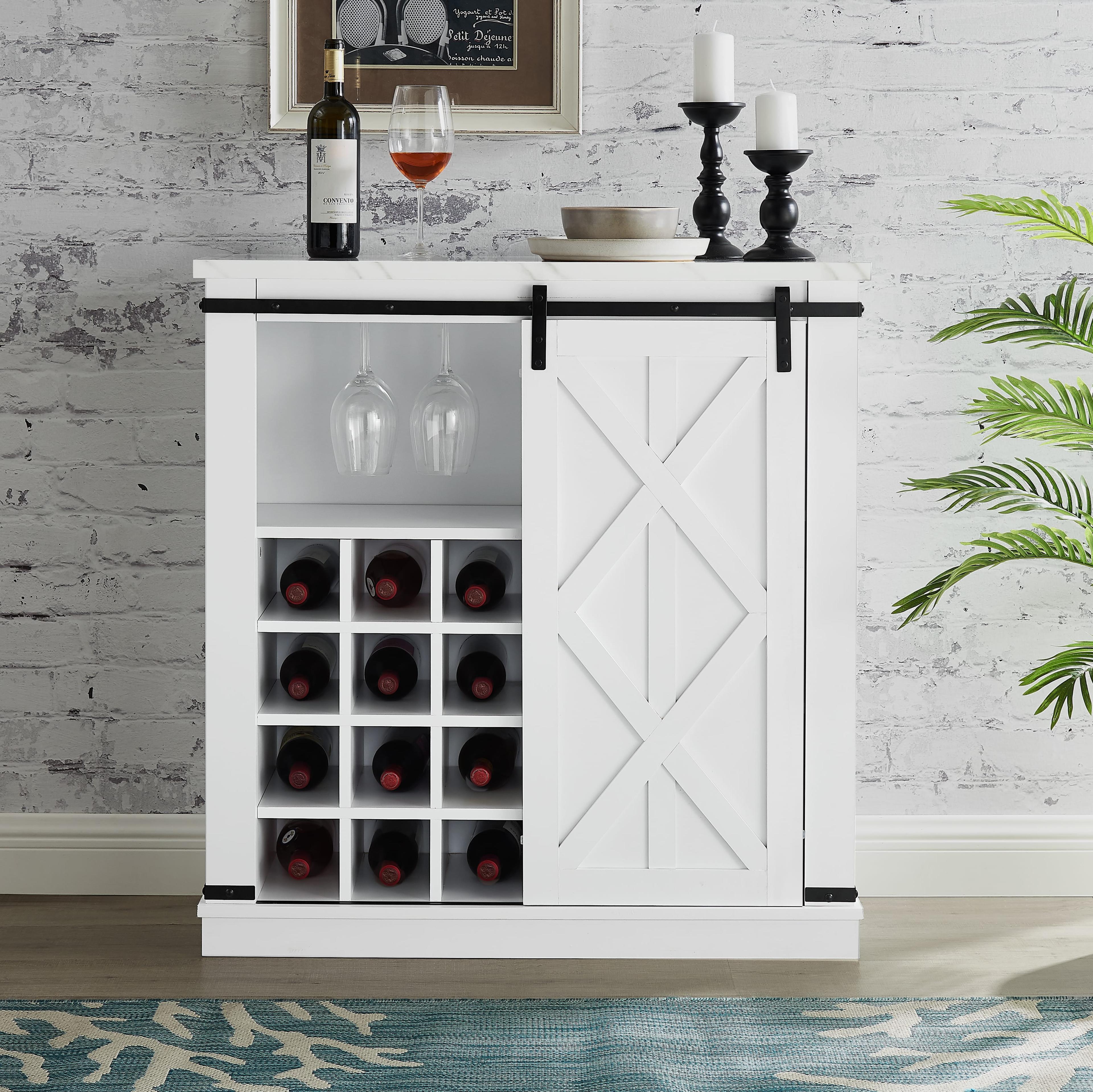 Festivo 37" White Wood Barn Door Buffet Bar Cabinet with Marble Pattern Top