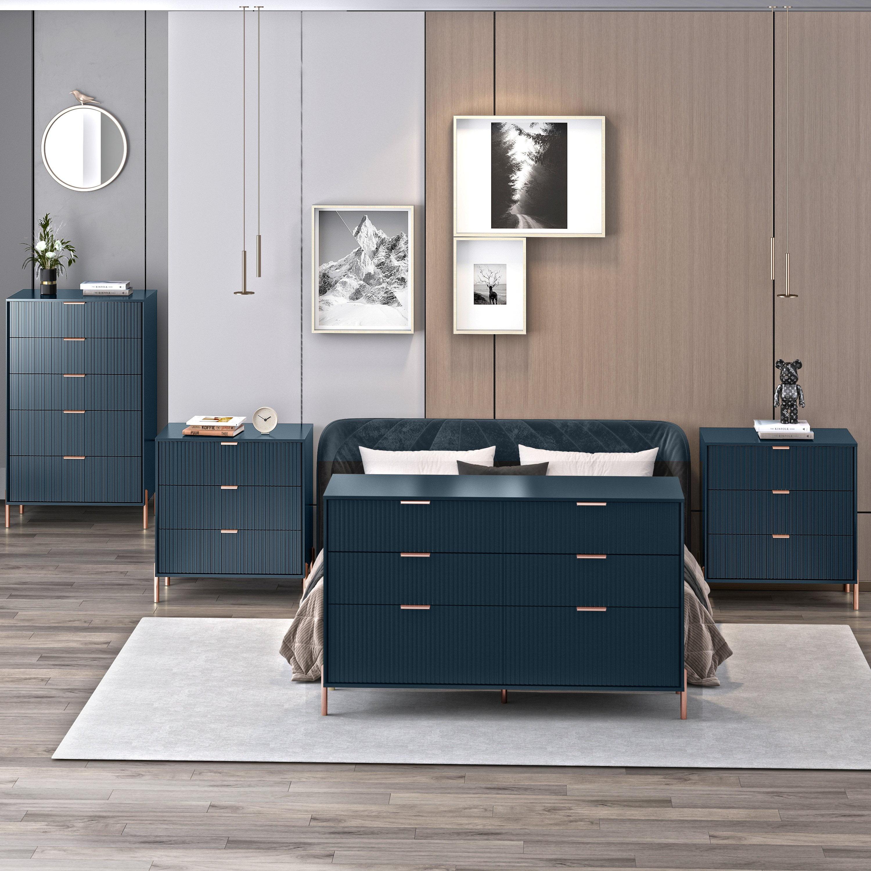 Festivo 4pc Modern Elegance Bedroom Chest and 6 Drawer Dresser and 3 Drawer Nightstands Set Navy