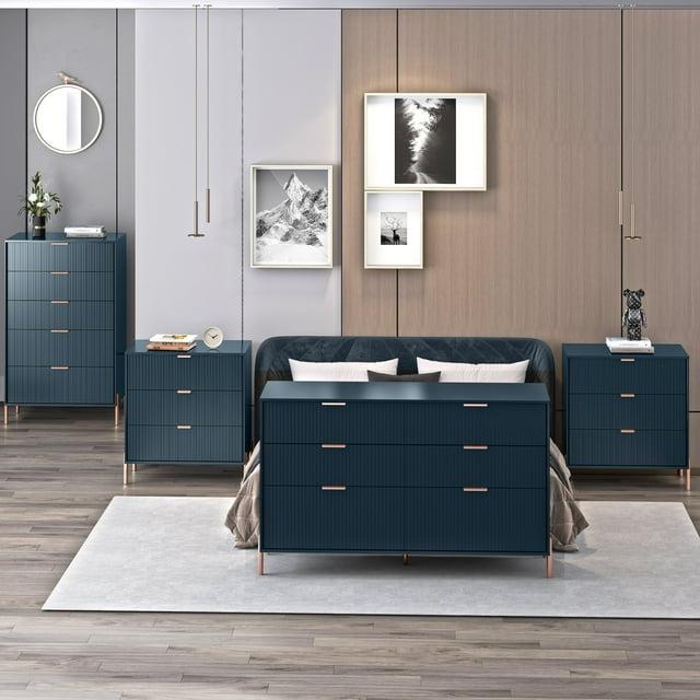 Festivo 4pc Modern Elegance Bedroom Chest and 6 Drawer Dresser and 3 Drawer Nightstands Set Navy