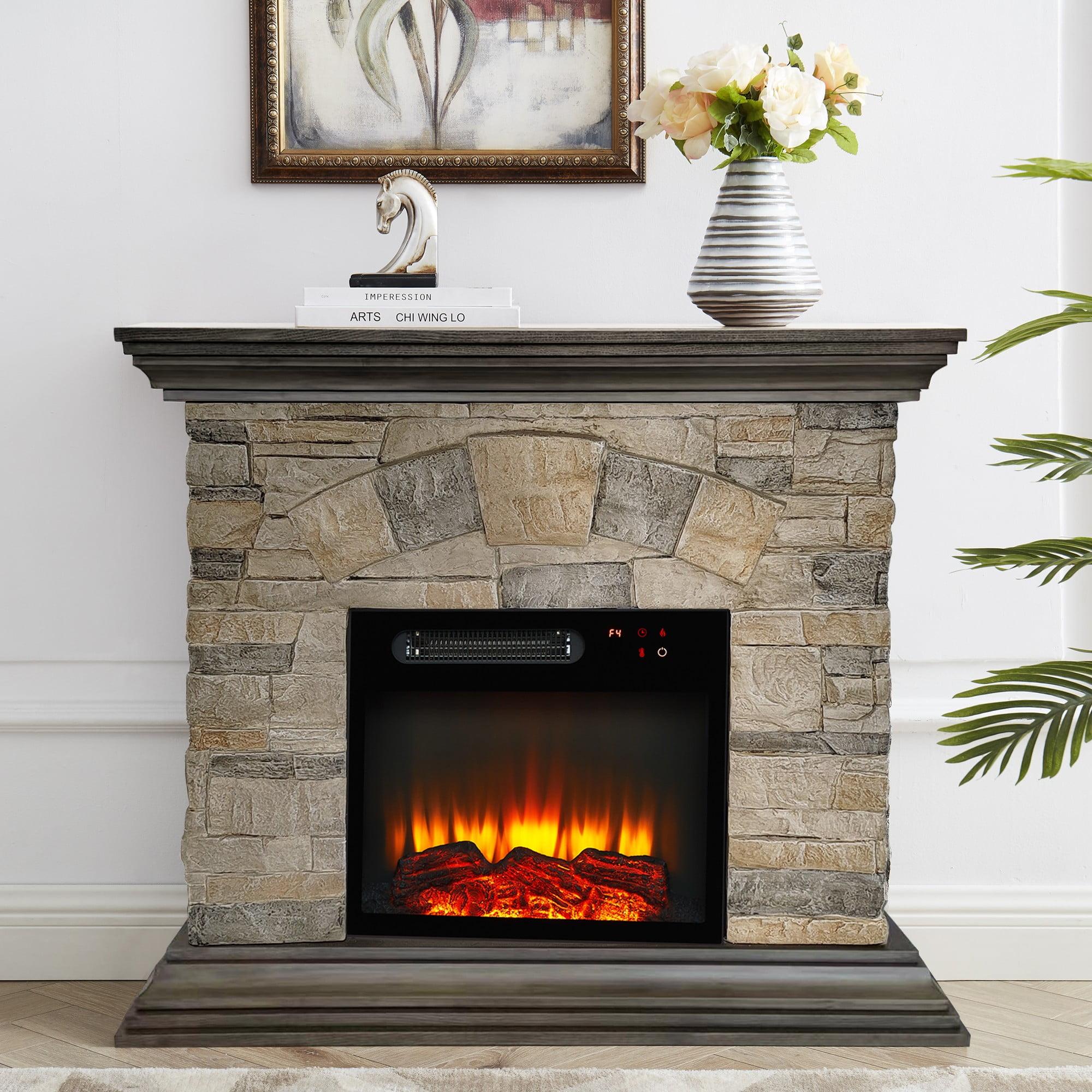 40" Bisque and Muddy Freestanding Electric Fireplace with Stone-Brick Mantel