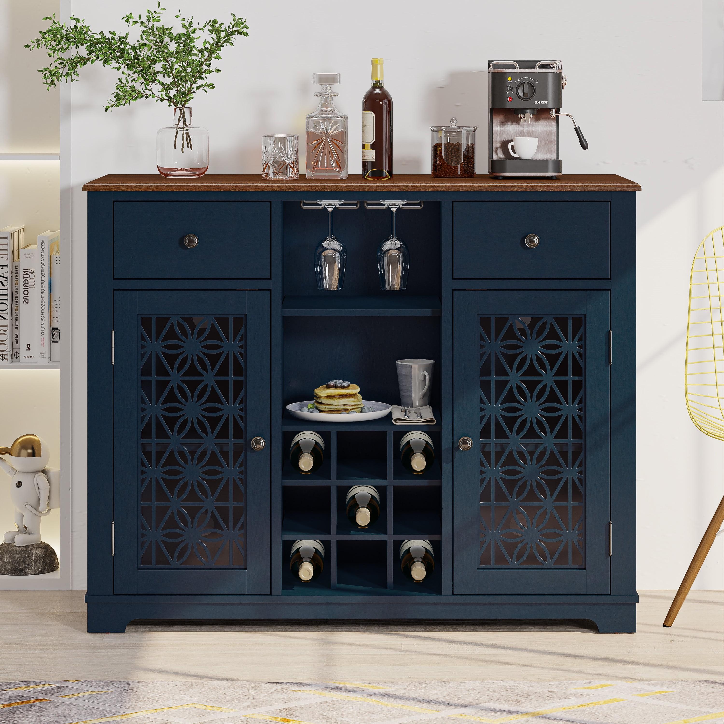 47" Wine Cabinet with Glass Doors Feature and Silk Screened Pattern Design Navy Blue - Festivo