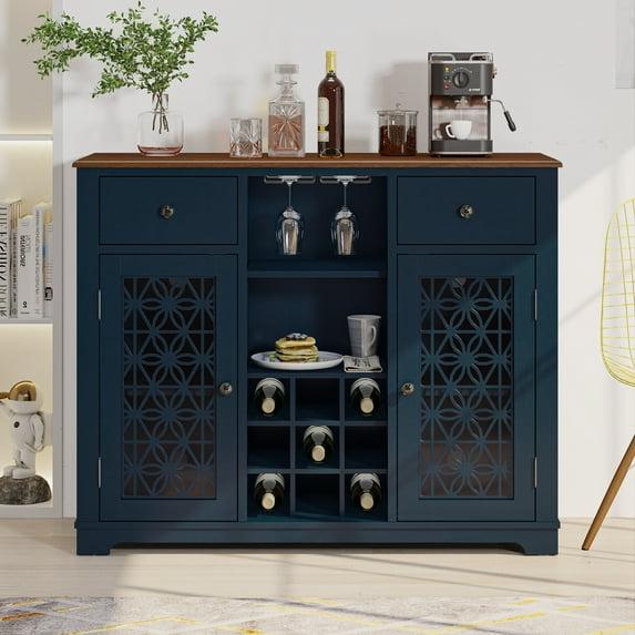 47" Wine Cabinet with Glass Doors Feature and Silk Screened Pattern Design Navy Blue - Festivo