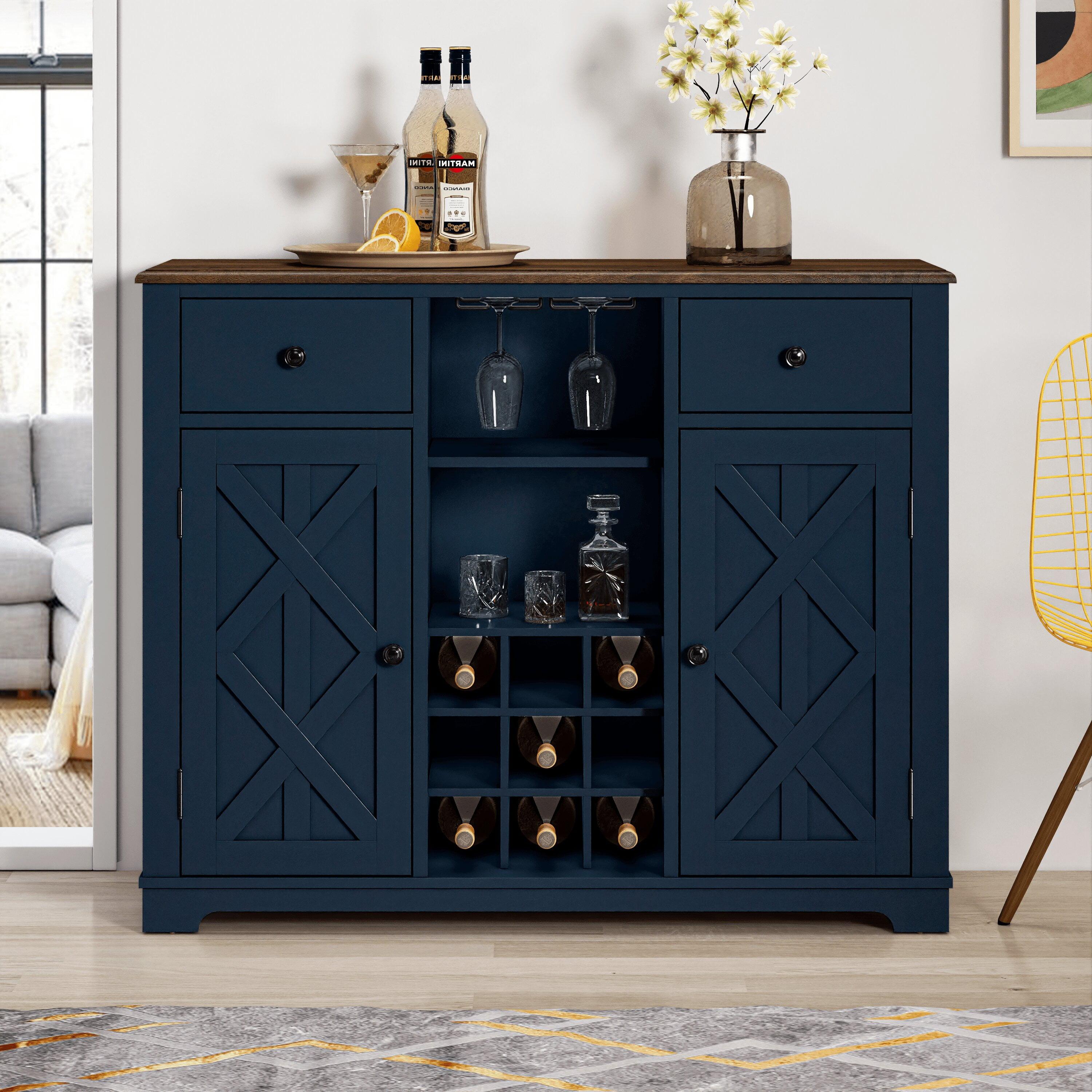 Navy Blue 47" Wood Bar Cabinet with Wine Rack and Nickel Knobs