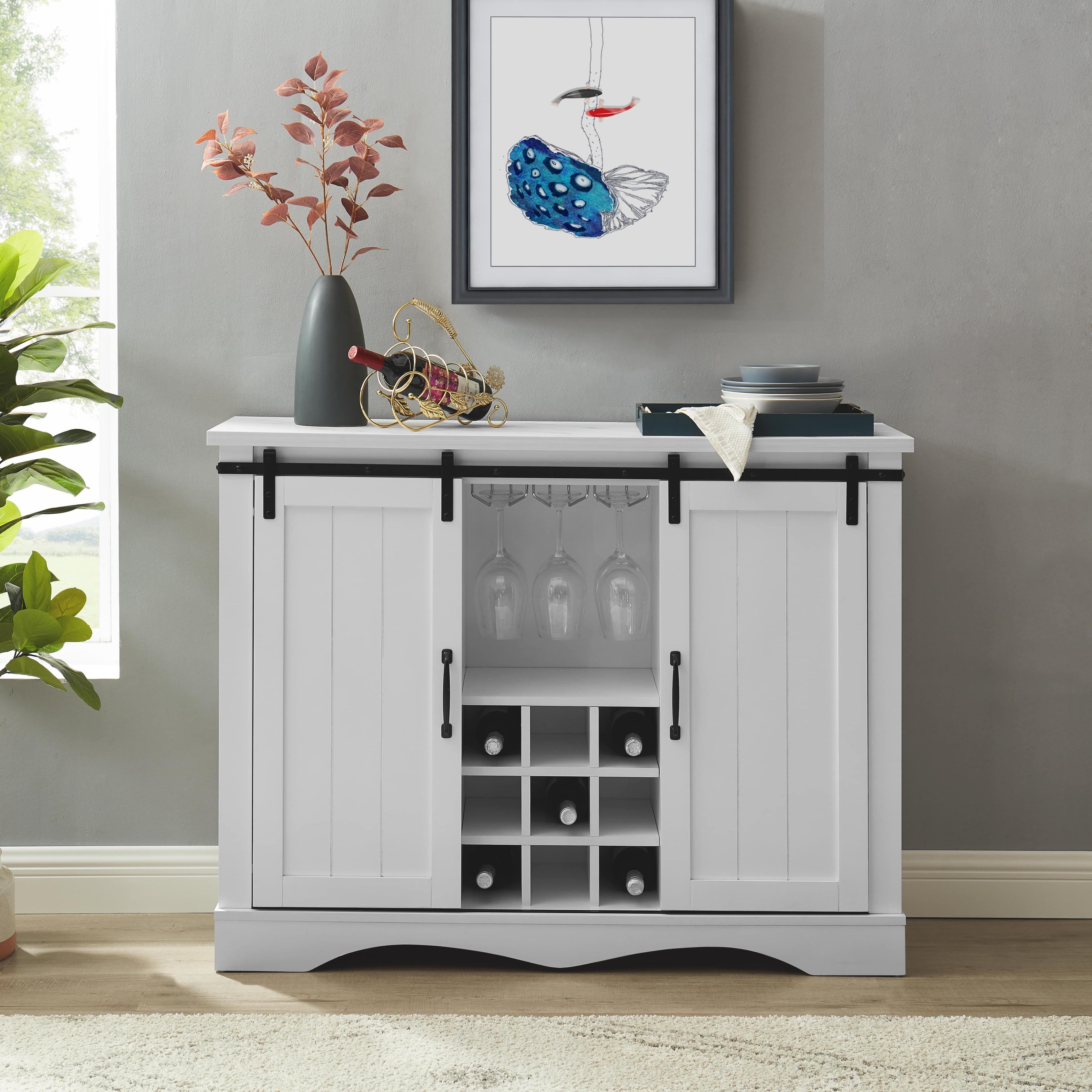 Home Essentials 47" Wine Bar Cabinet White: Farmhouse Style, Glassware Storage, MDF & Rubberwood