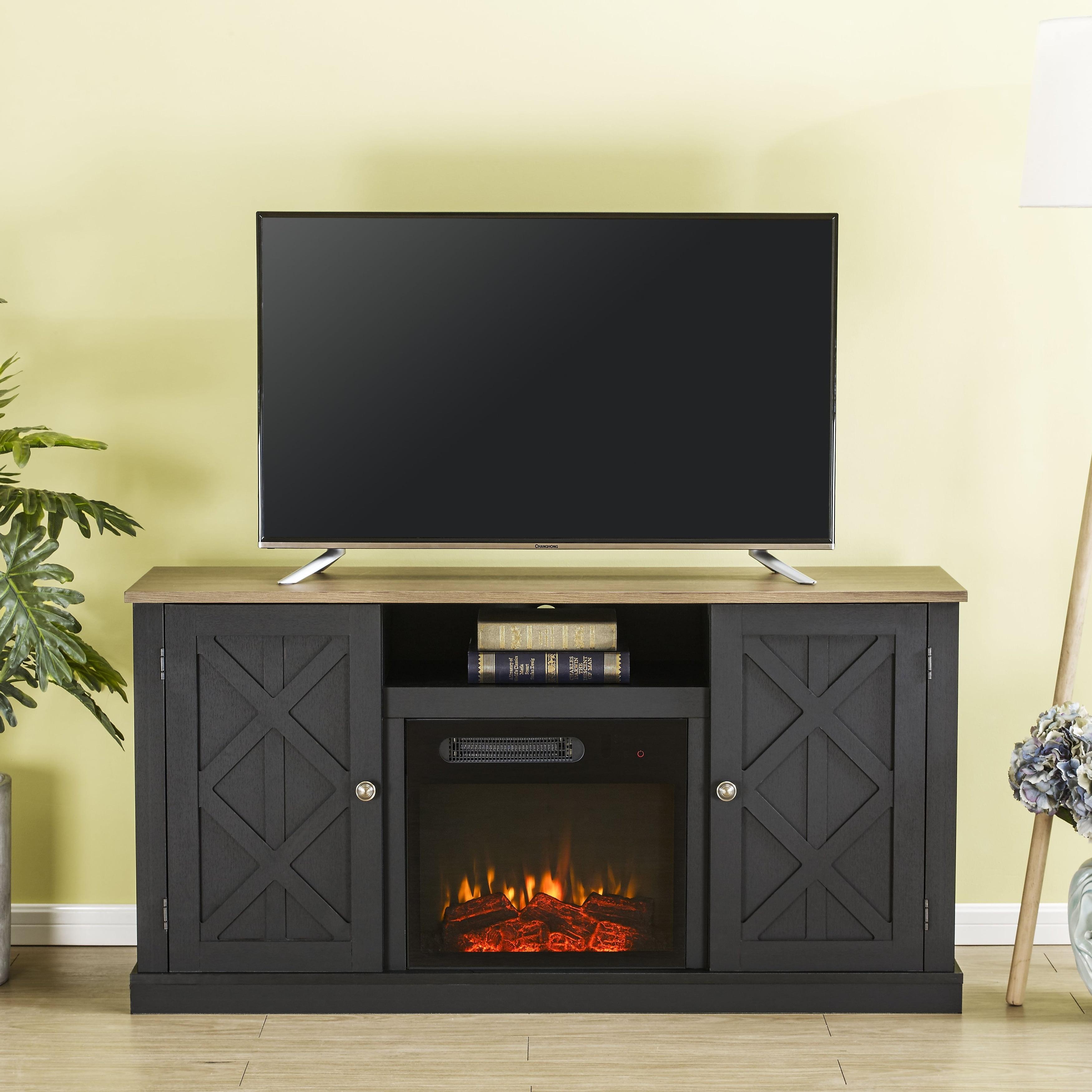 Electric Fireplace and TV Stand for TVs up to 60" Gray - Home Essentials: MDF Wood Composite, Nickel Hardware