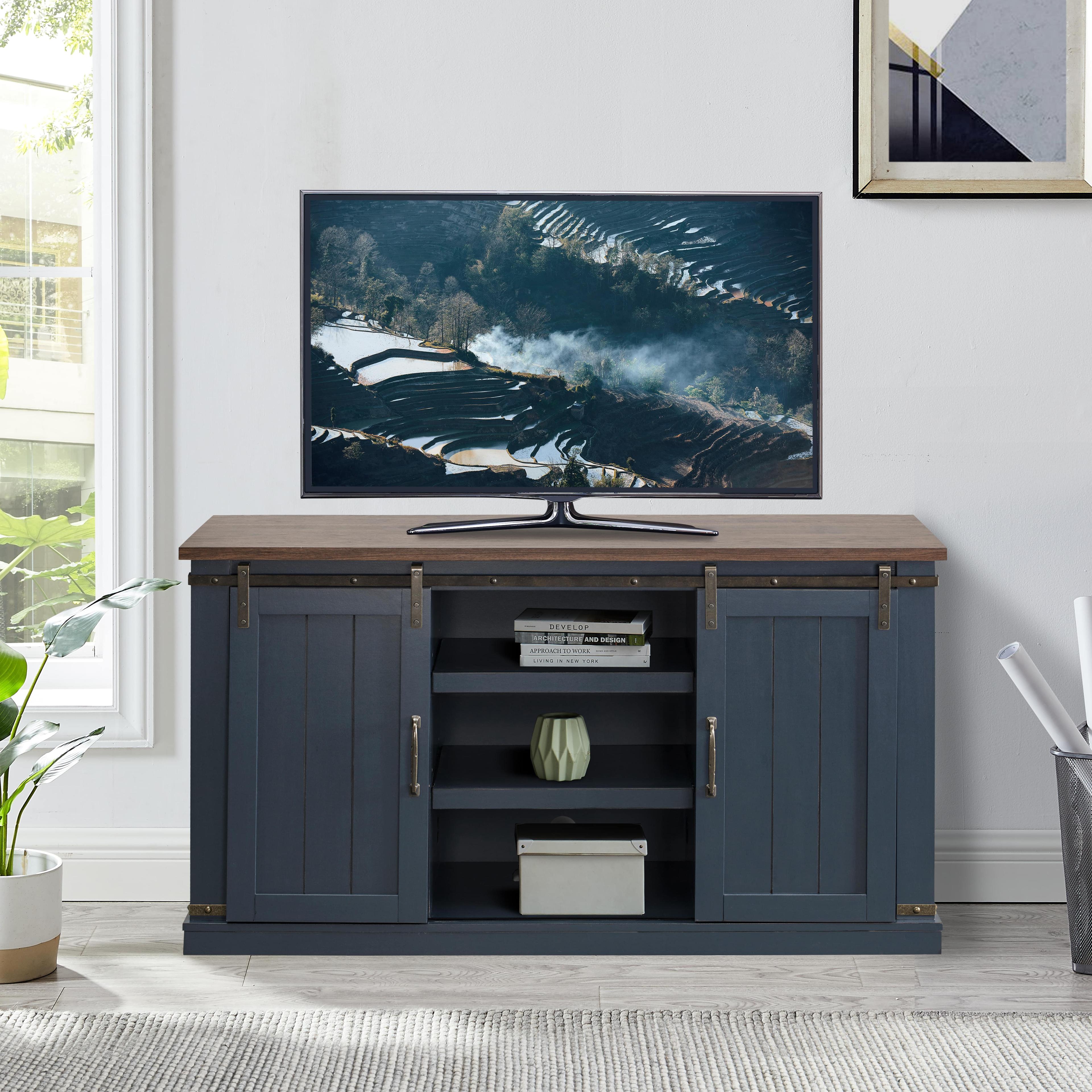 Sliding Doors TV Stand for TVs up to 60" Navy Blue - Home Essentials: Farmhouse Style, Adjustable Shelves, Cable Management