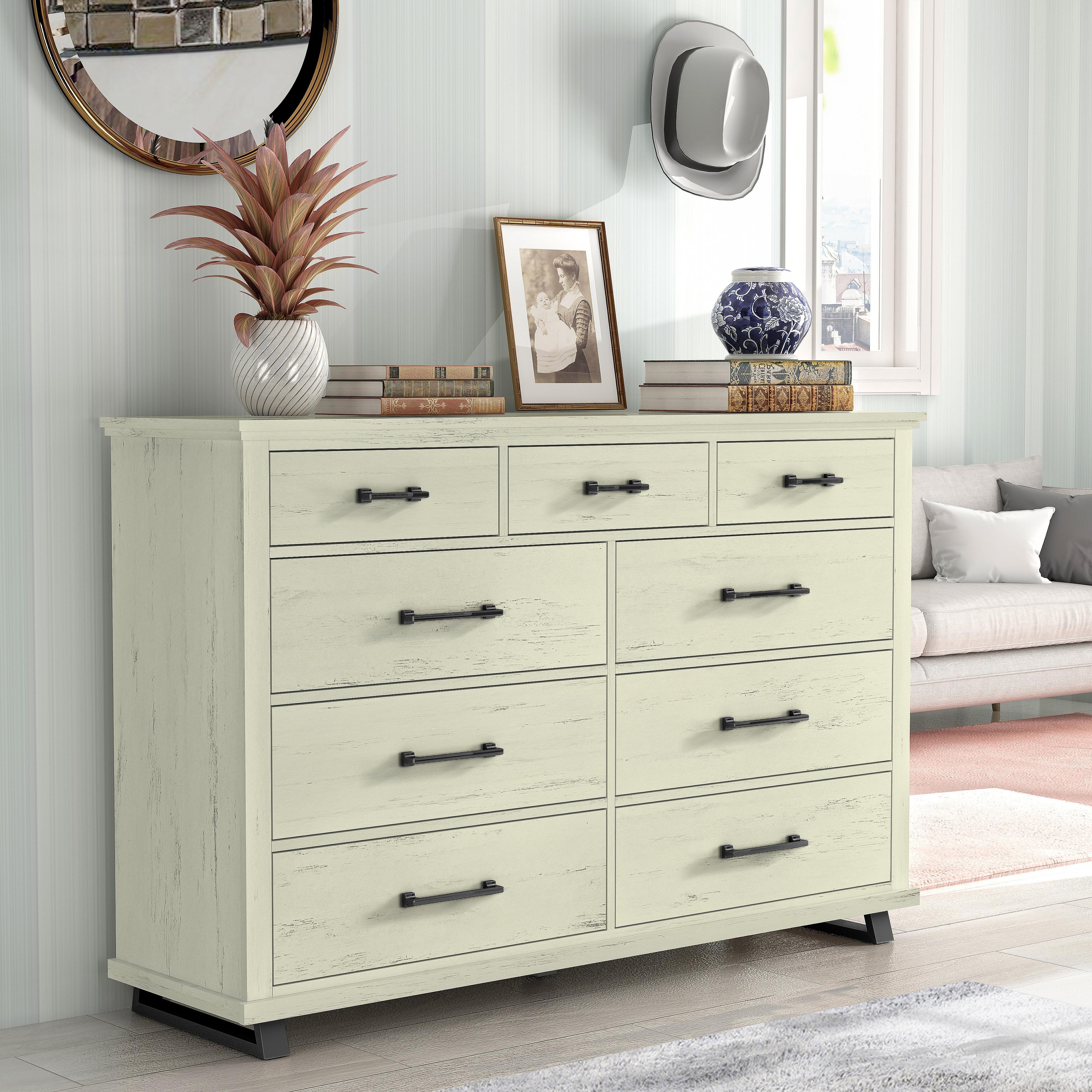 64" Dresser with 9 Drawers Cut Off-White - Festivo: Modern Farmhouse Style, Iron Leg Support, MDF Construction