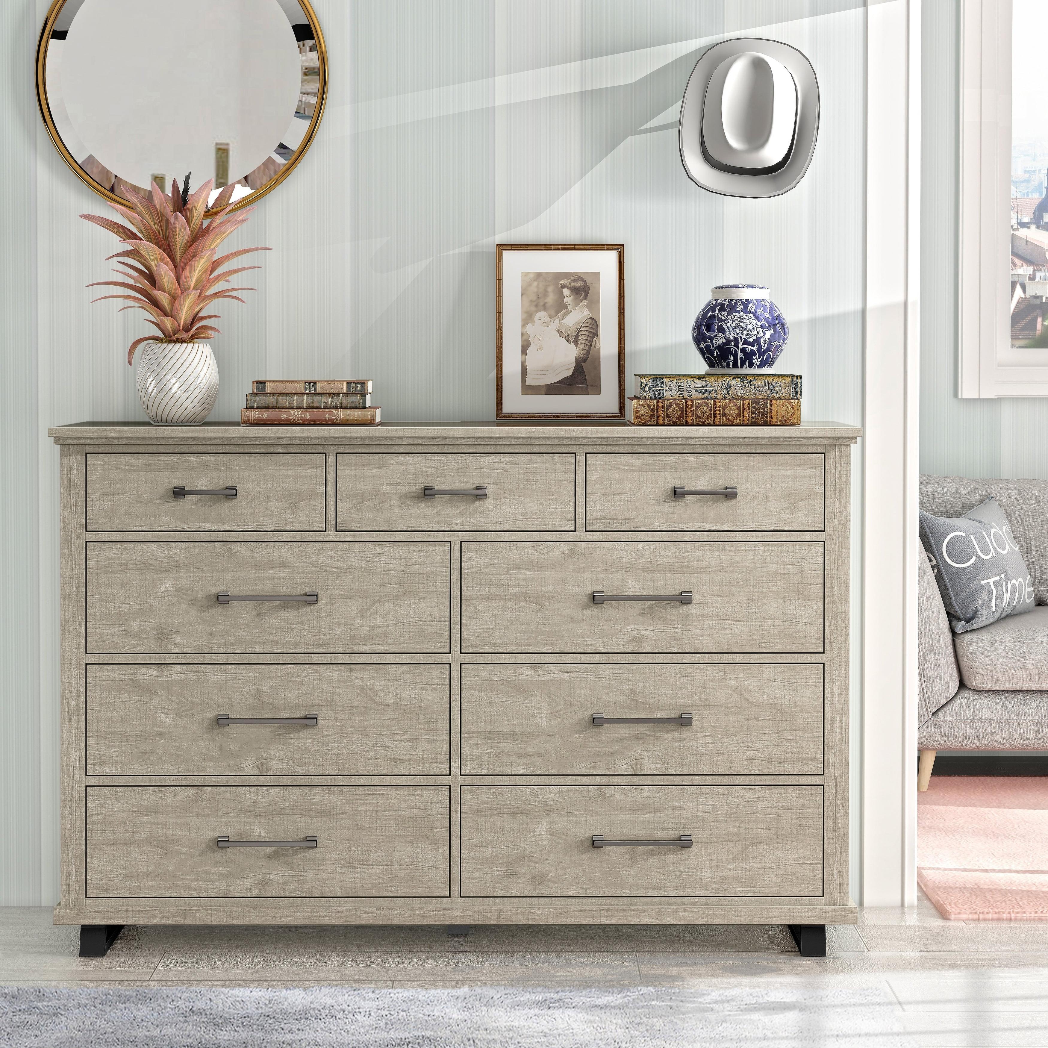 64" Dresser with 9 Drawers Beige - Accent Furniture: Bedroom Storage, Farmhouse Style