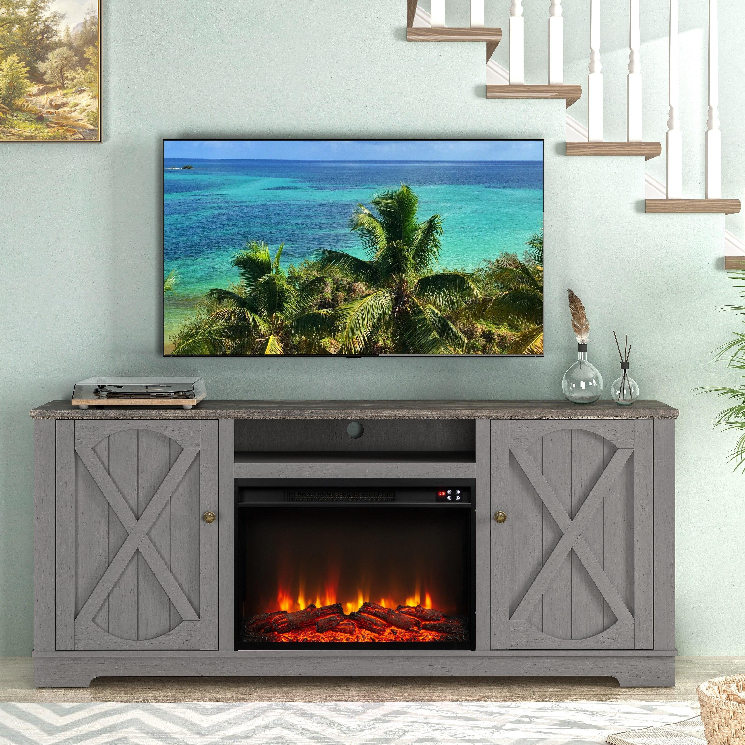 Gray Farmhouse TV Stand with Fireplace and Storage Cabinets