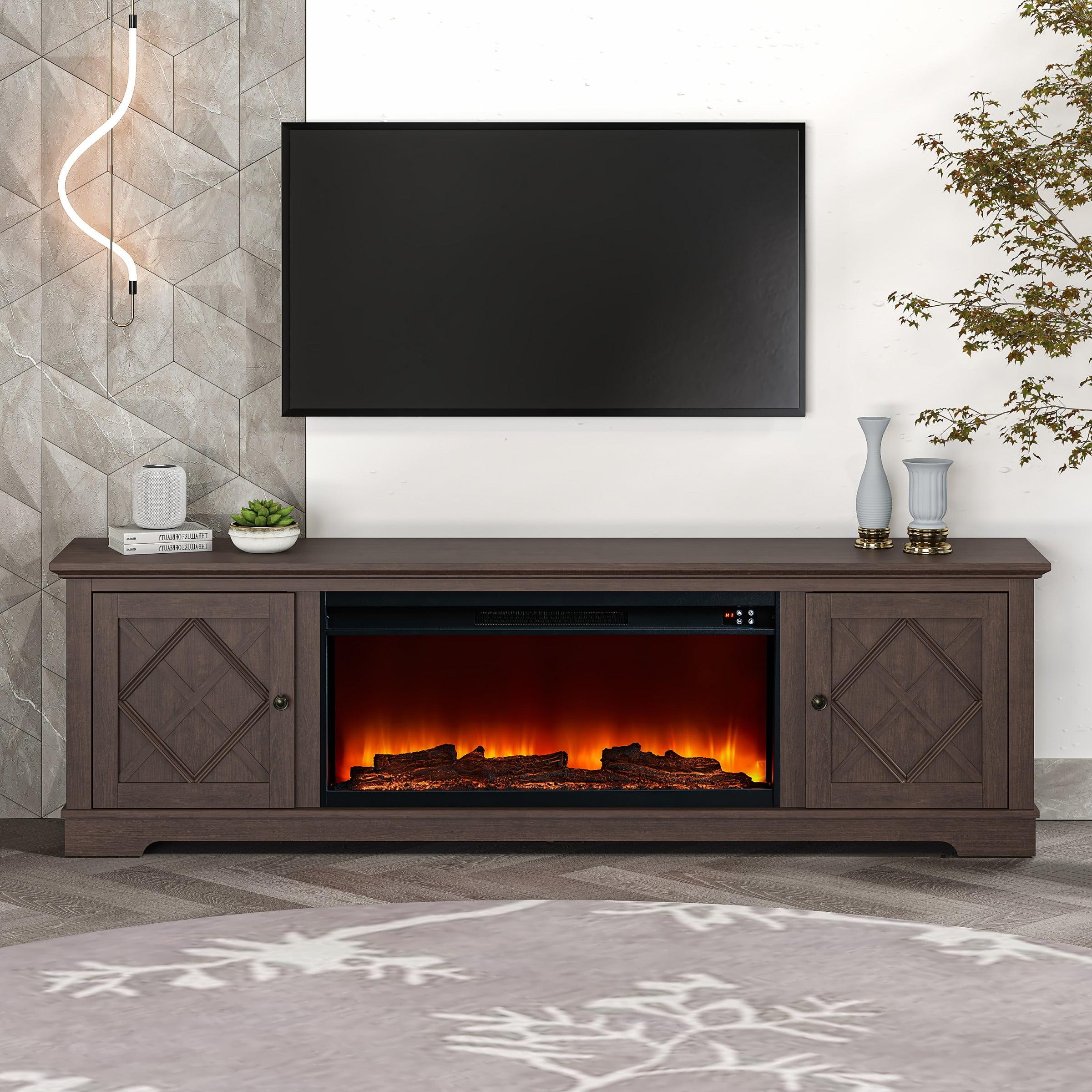 78" Farmhouse TV Stand for TVs up to 80" with Electric Fireplace Brown - Festivo: Media Console, MDF Storage