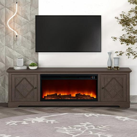 78" Farmhouse TV Stand for TVs up to 80" with Electric Fireplace Brown - Festivo: Media Console, MDF Storage