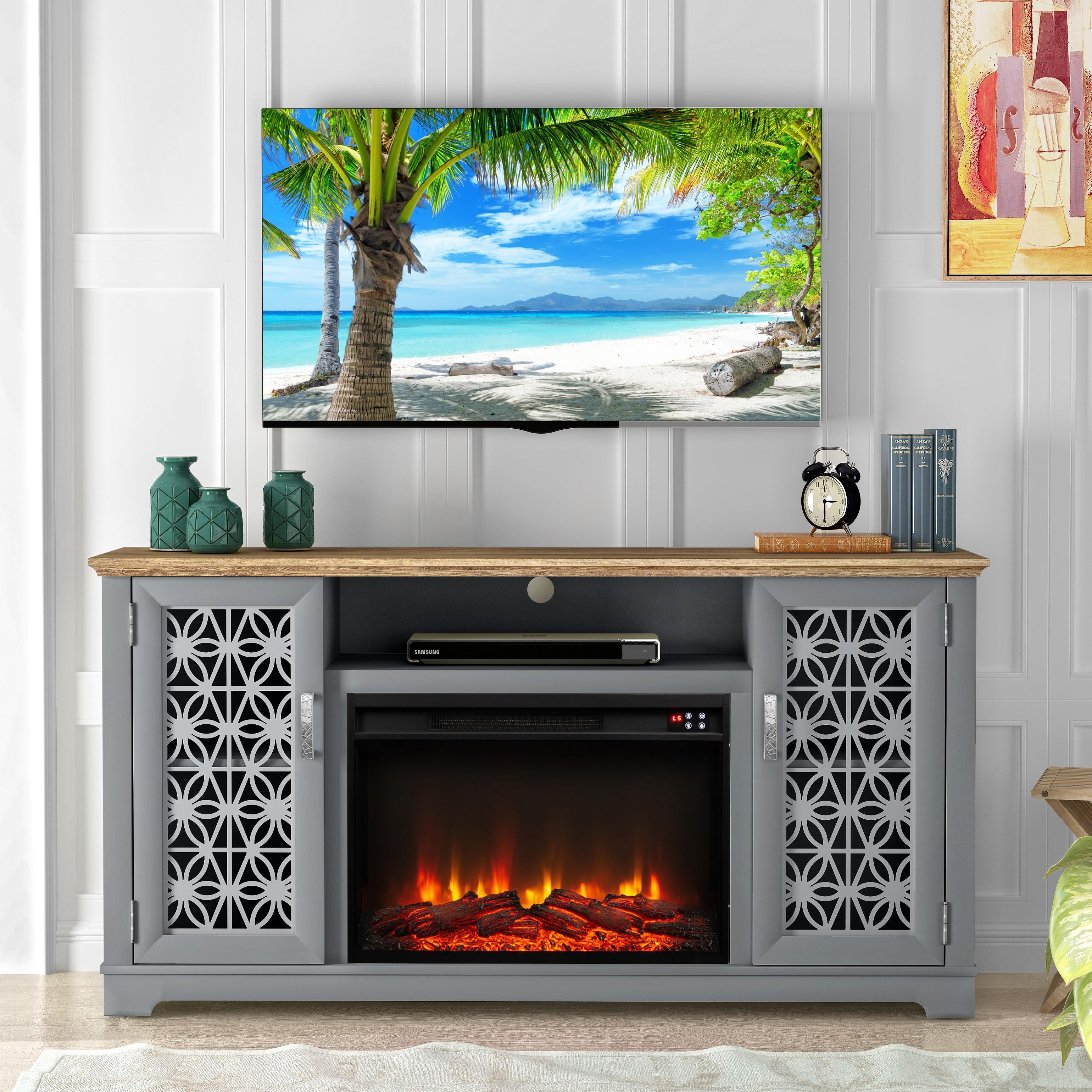 Gray Farmhouse TV Stand with Electric Fireplace and Cabinet