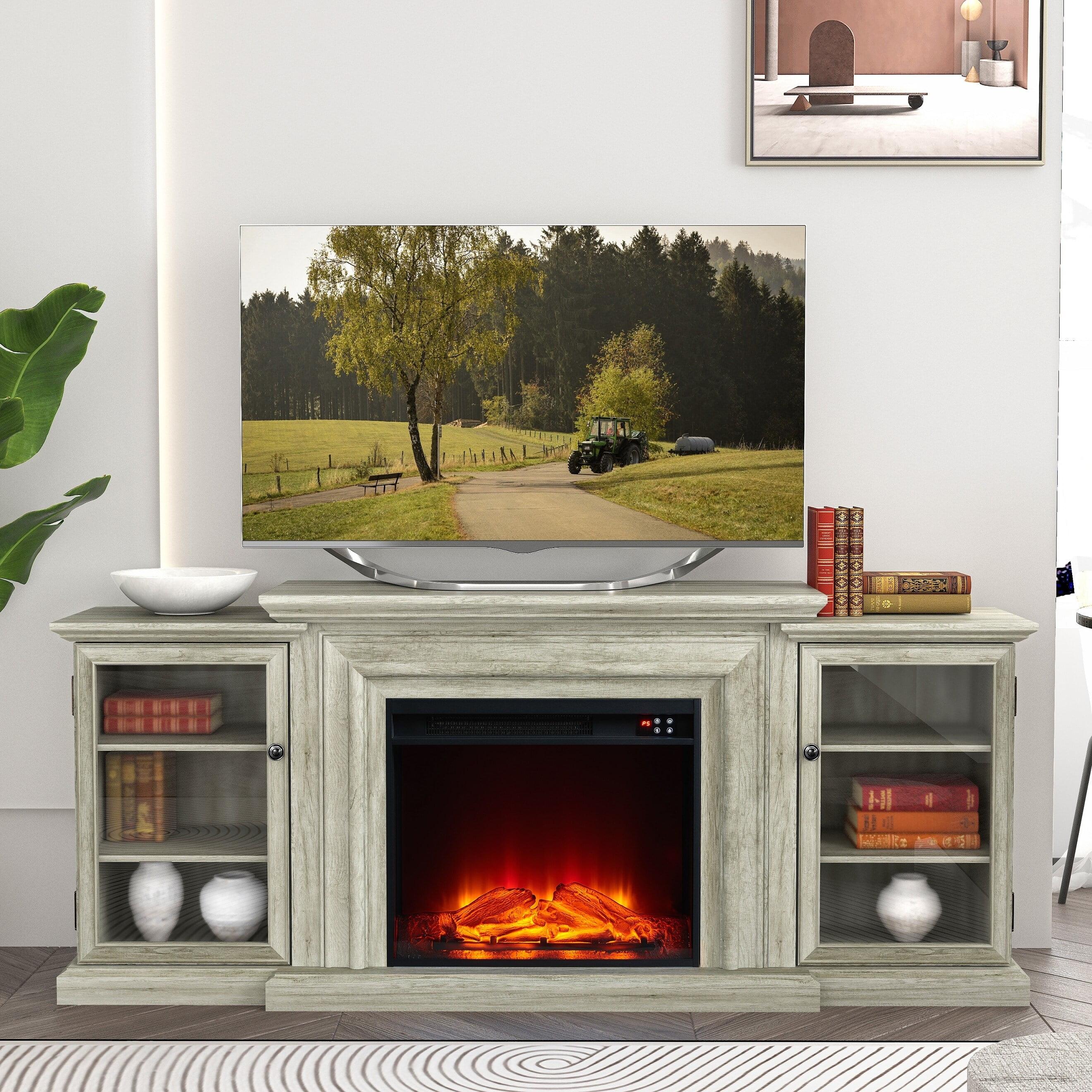 Gray Farmhouse TV Stand with Electric Fireplace and Cabinets