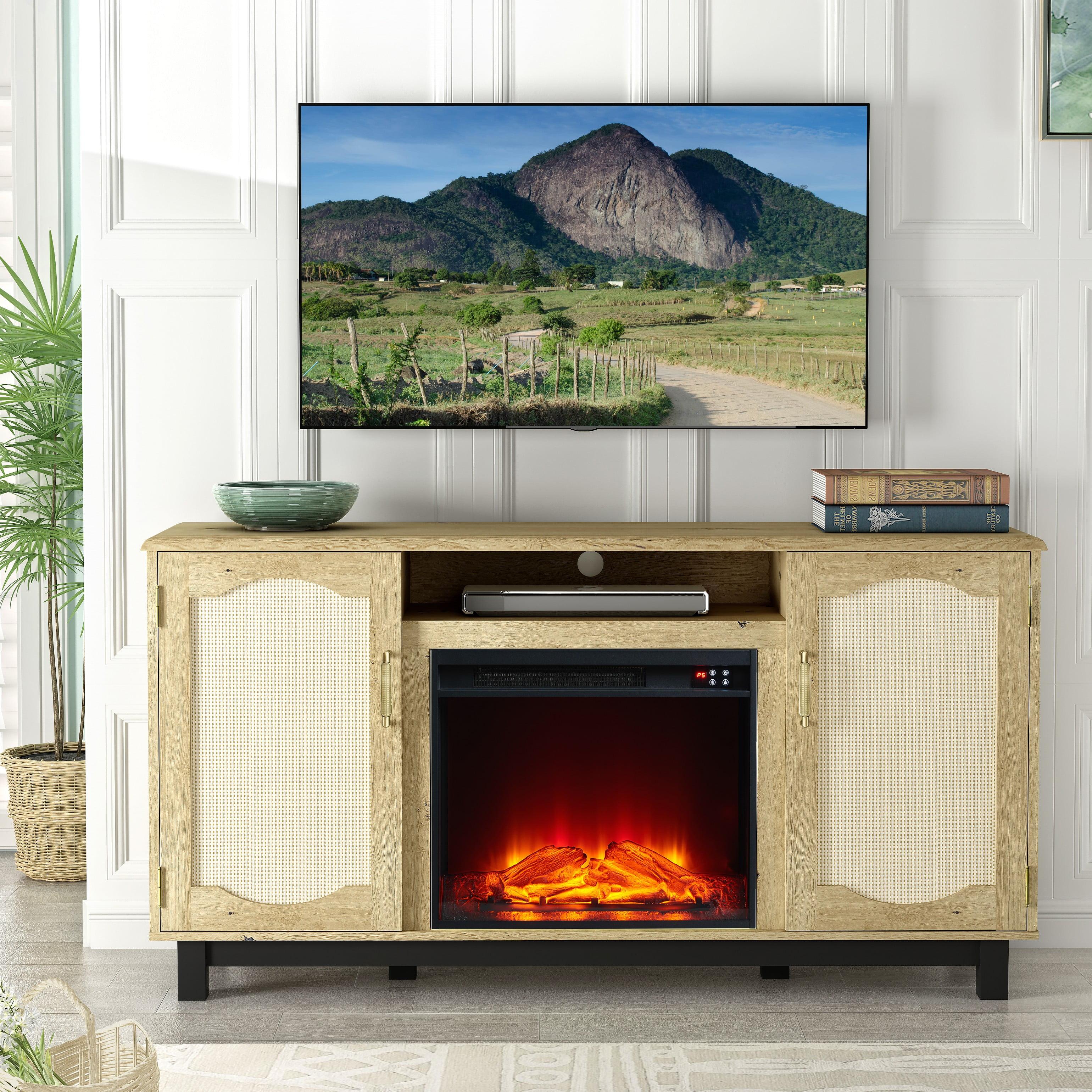 63" Fabric Style TV Stand for TVs up to 65" with Electric Fireplace Wood - Festivo: Media Storage, Adjustable Shelves