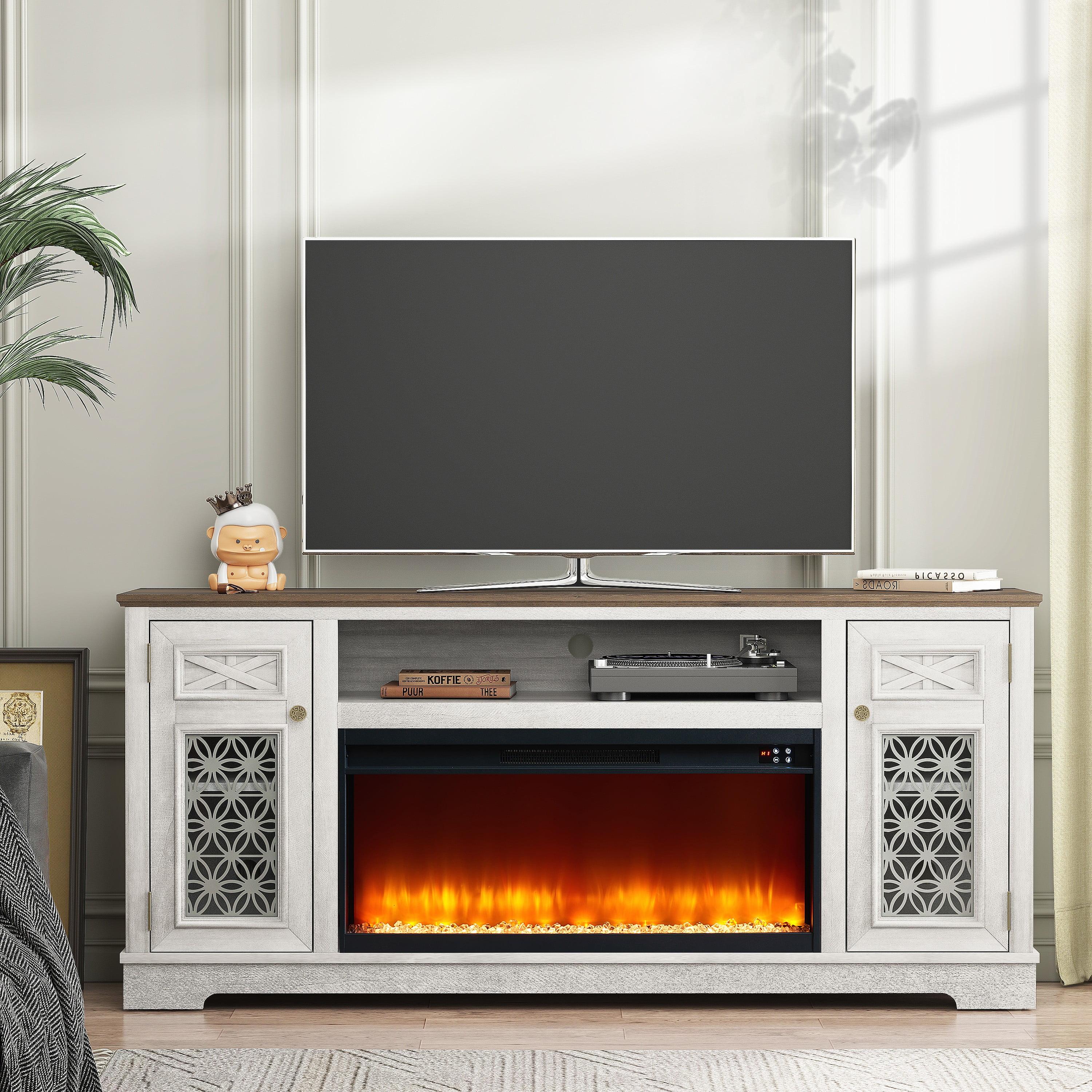 Festivo Farmhouse 70" TV Stand for TVs up to 80" with Fireplace Saw Cut Off White