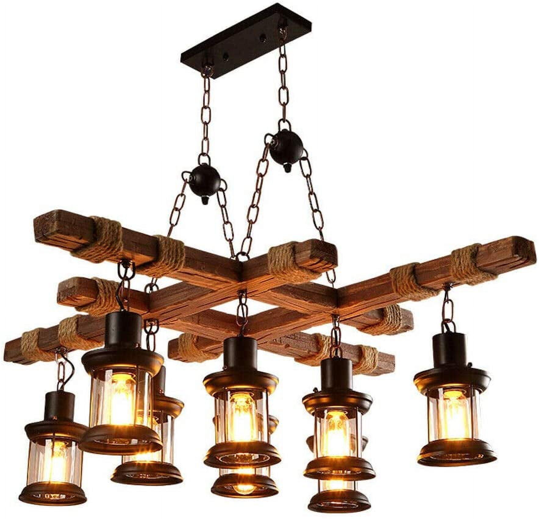 Rustic Brown Metal and Wood 8-Light Lantern Chandelier