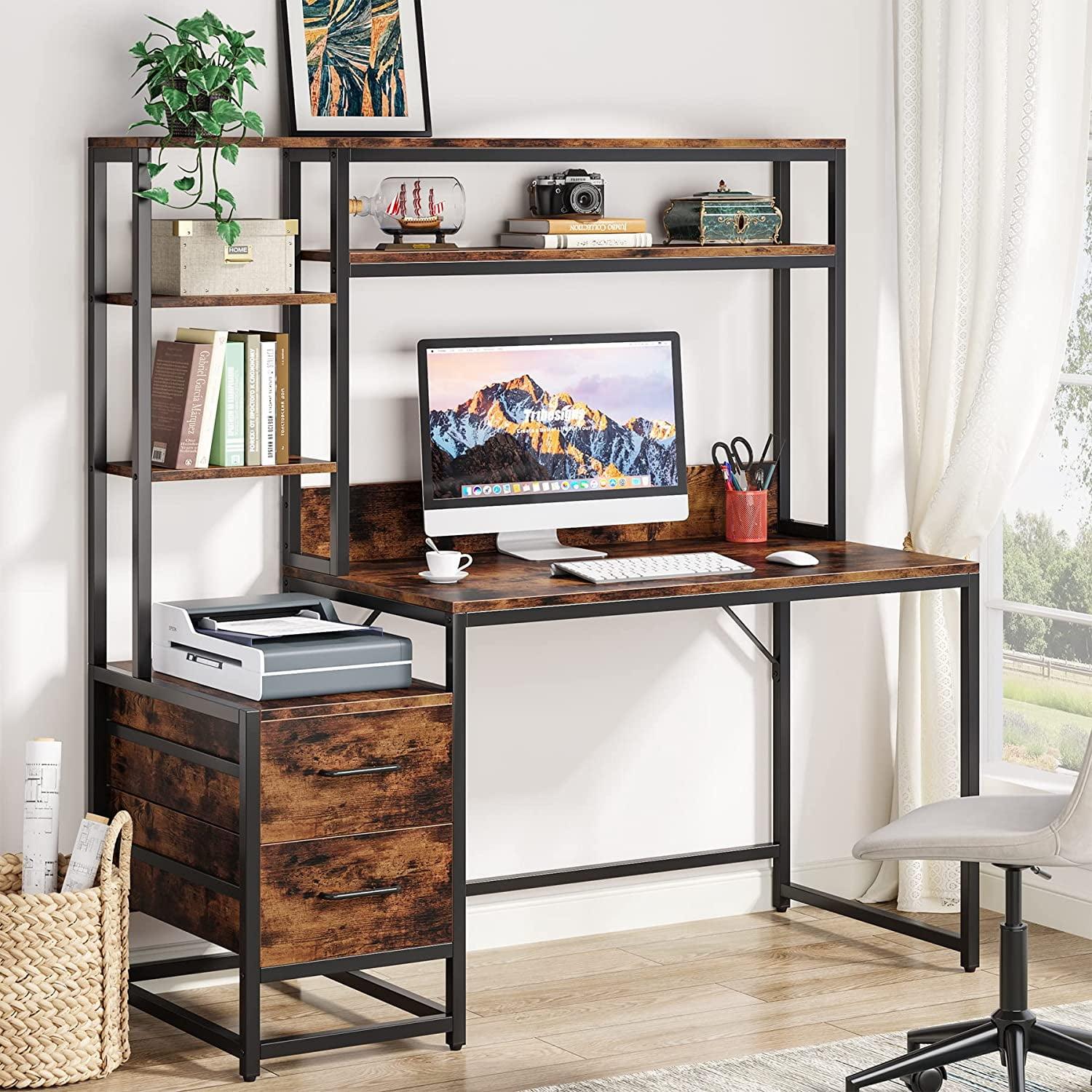 55 Inch Computer Desk with 2 Drawers and Storage Shelves, Rustic Office Desk with Hutch, Study Writing Gaming Table Laptop Workstation for Home Office (Brown)